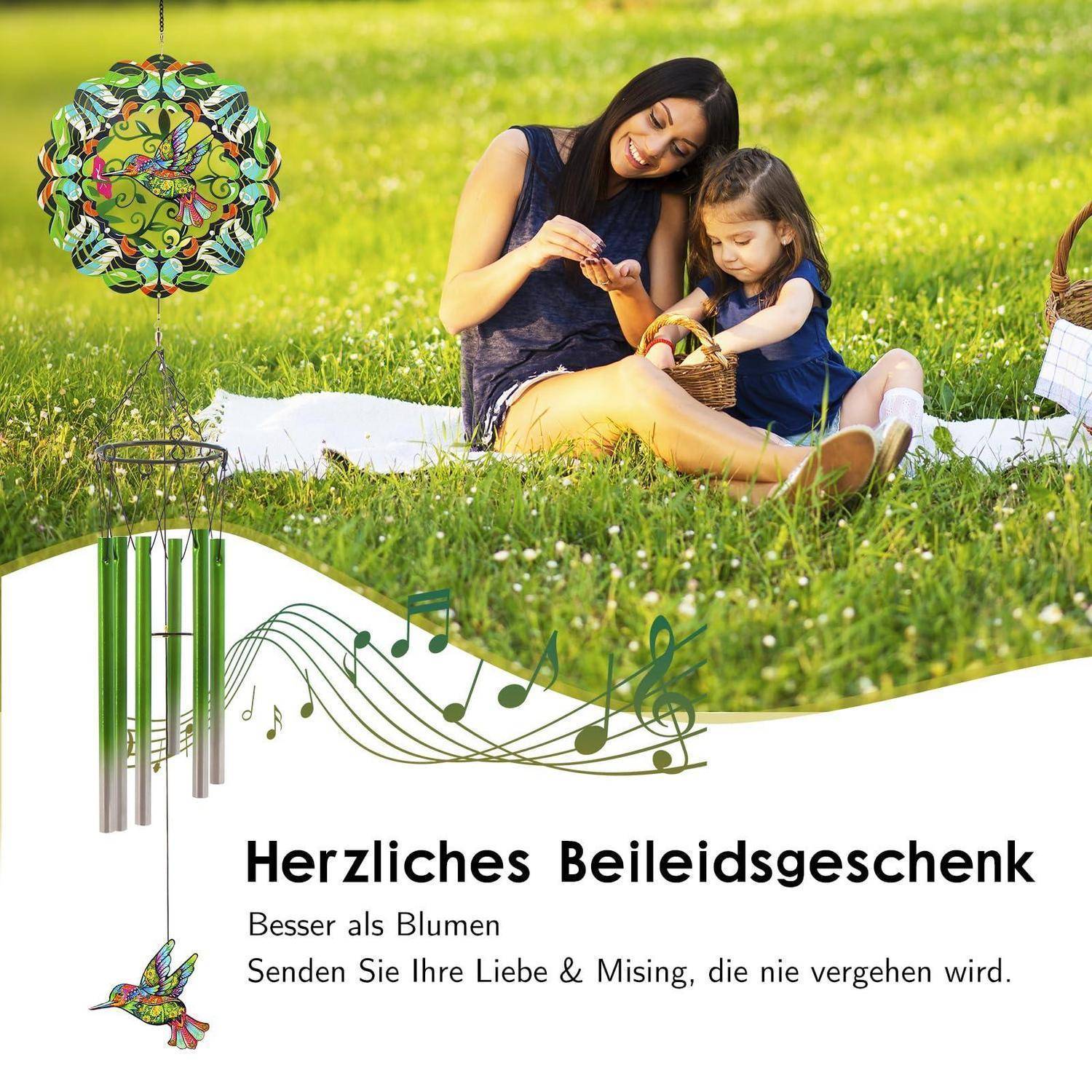 Windspiel Kolibri mit 6 Aluminiumrohren, rostfrei, wetterfest