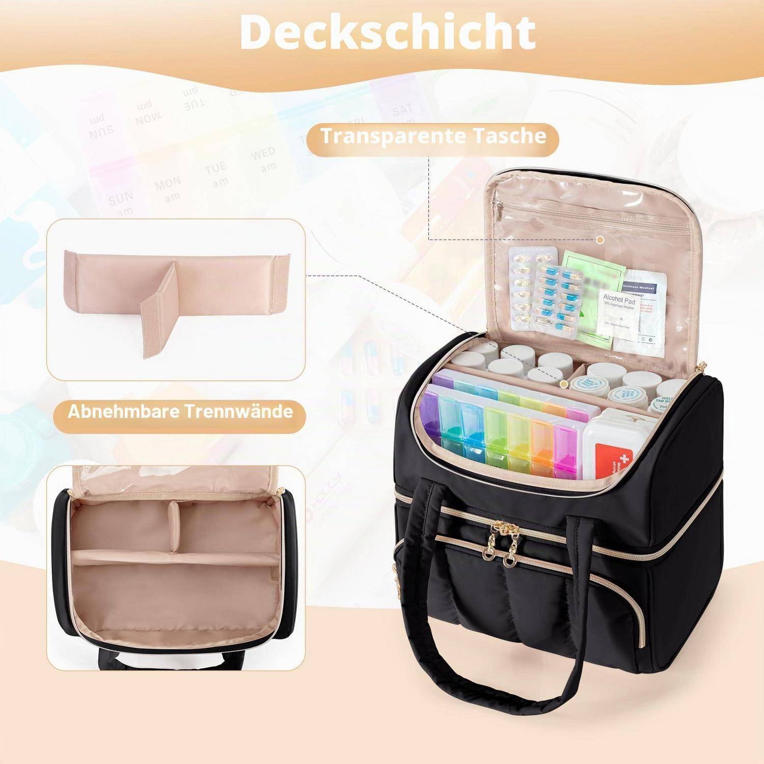 Damero Reiseapotheke Tasche Schwarz mit Doppelreißverschluss