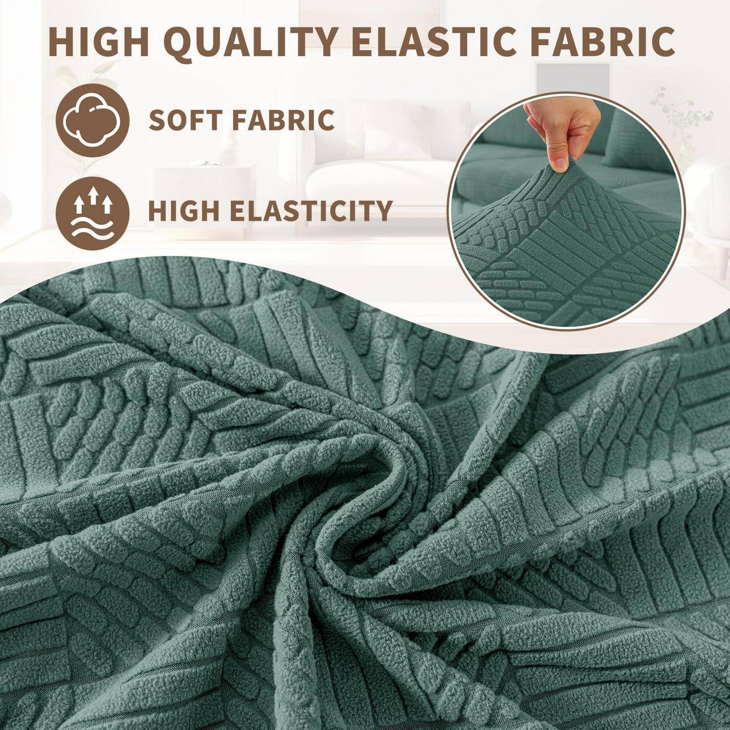 Werbebild aus grünem strukturiertem elastischem Stoff mit den Beschriftungen „HOCHWERTIGER ELASTISCHER STOFF", „WEICHES GEWEBE"" und „HOHE ELASTIZITÄT"", wobei eine Hand das Material dehnt.