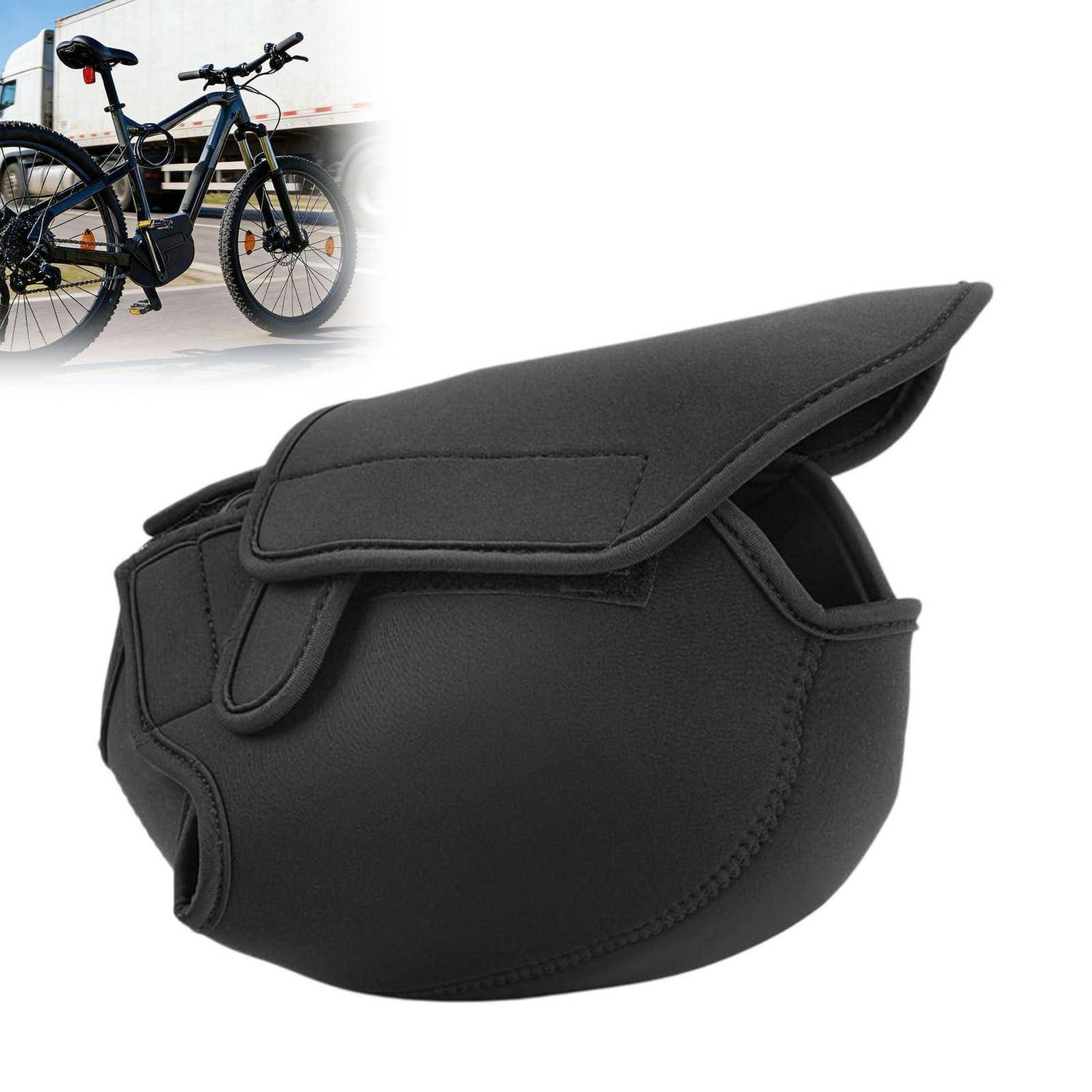 Schwarze Fahrradsatteltasche mit Klapprenverschluss, gezeigt mit einer kleinen Abbildung der Tasche, die unter einem Fahrradsattel montiert ist.