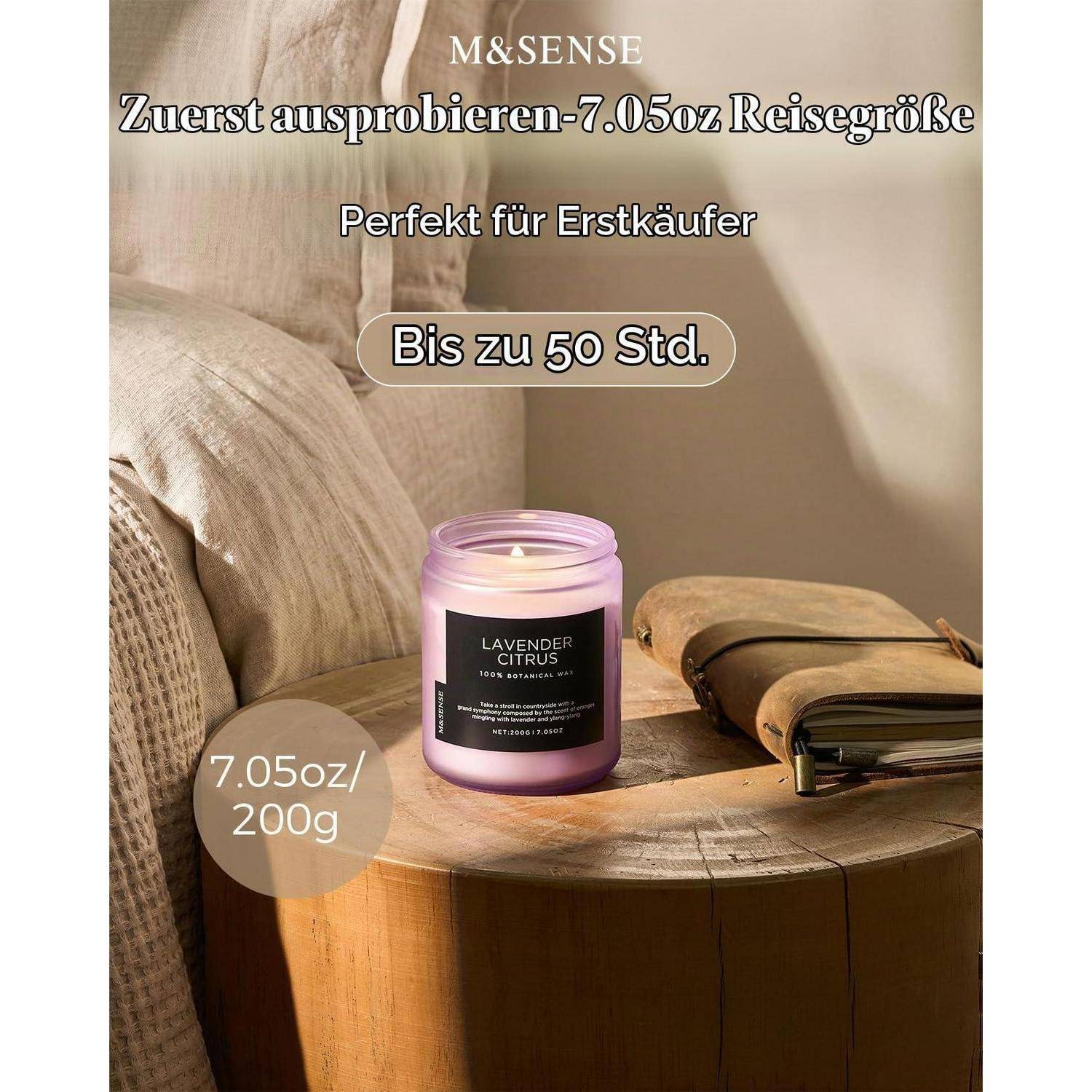 M&amp;SENSE Duftkerze Glas Lavendel Citrus 200g Sojawachs 50h Brenndauer