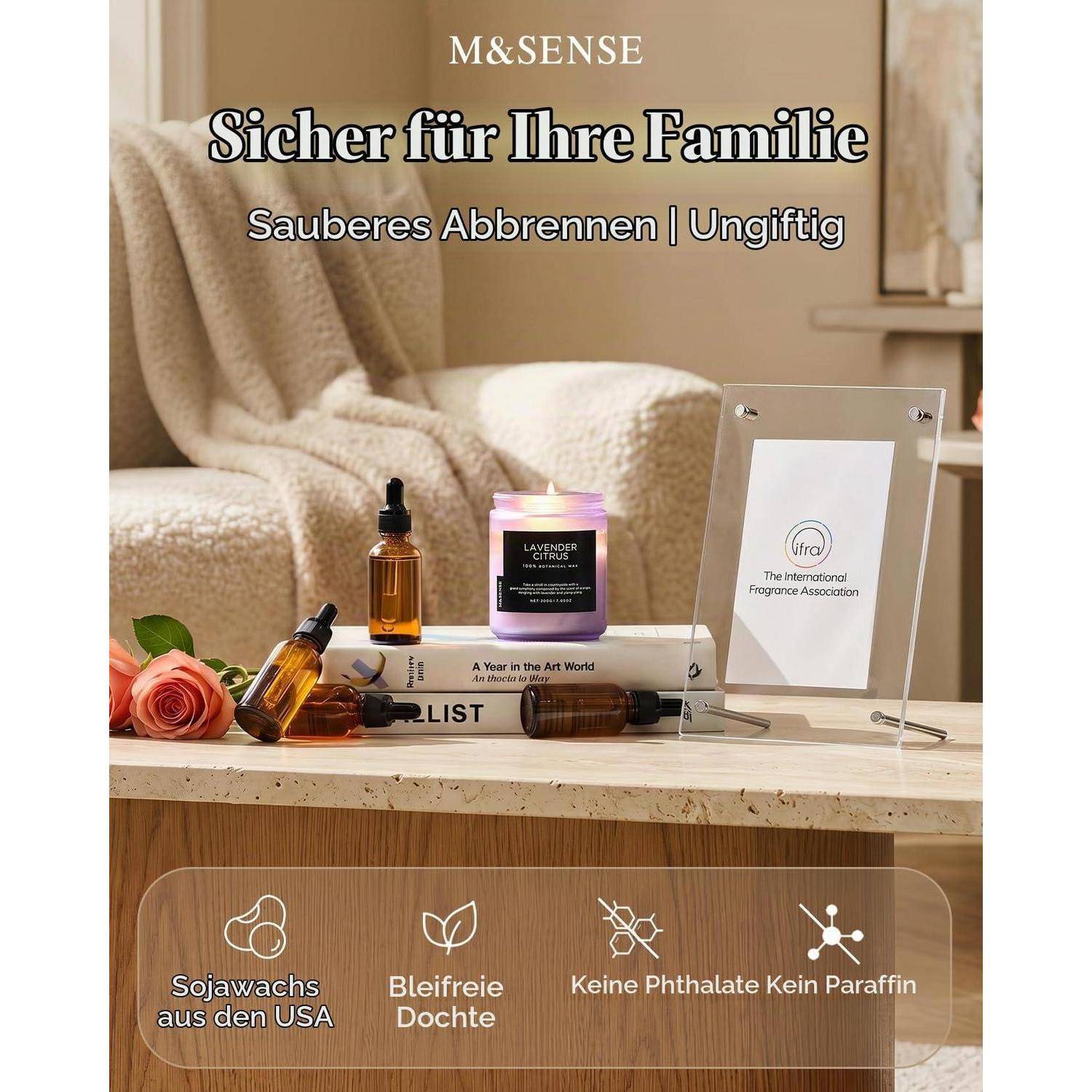M&amp;SENSE Duftkerze Glas Lavendel Citrus 200g Sojawachs 50h Brenndauer