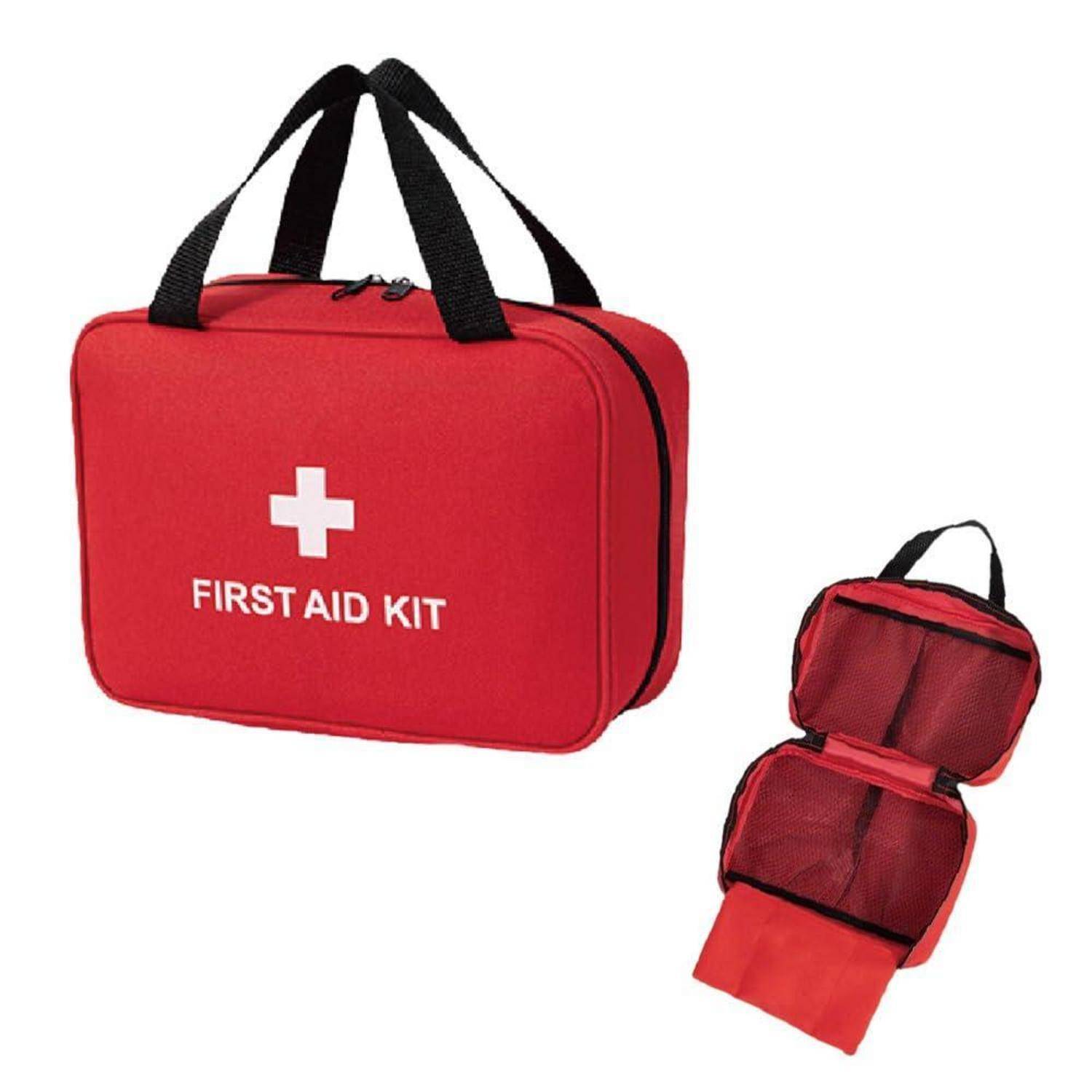 Rote Erste-Hilfe-Tasche mit weißem Kreuz und Text „FIRST AID KIT