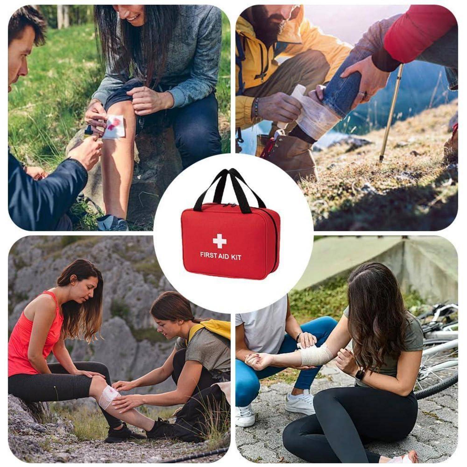 Collage der Ersten Hilfe im Freien: Menschen behandeln Wunden und verbinden einen verstauchten Knöchel, mit einem roten Erste-Hilfe-Kasten in der Mitte.