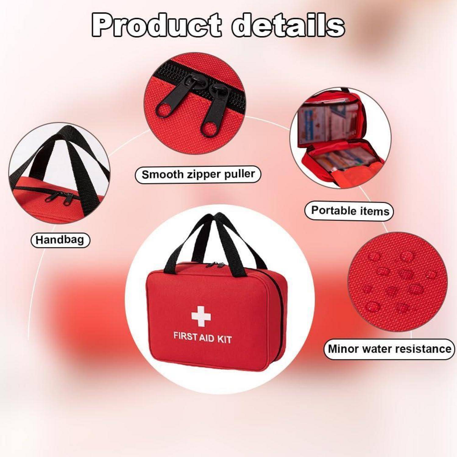 Produktdetails-Infografik für eine rote Erste-Hilfe-Tasche: Handtaschenformat, glatter Reißverschlusszipper, tragbare Gegenstände und leichte Wasserbeständigkeit.