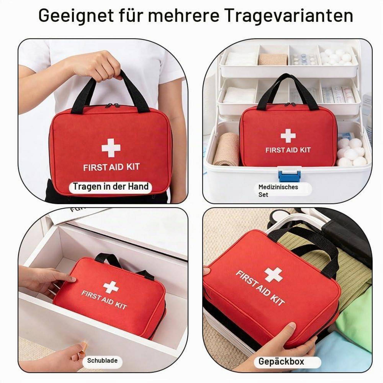 Collage mit einer roten "ERSTE-HILFE-TASCHE"" in vier Verwendungen: in der Hand getragen, in einem medizinischen Aufbewahrungskoffer gelagert, in einer Schublade aufbewahrt und in einen Rucksack gepackt.