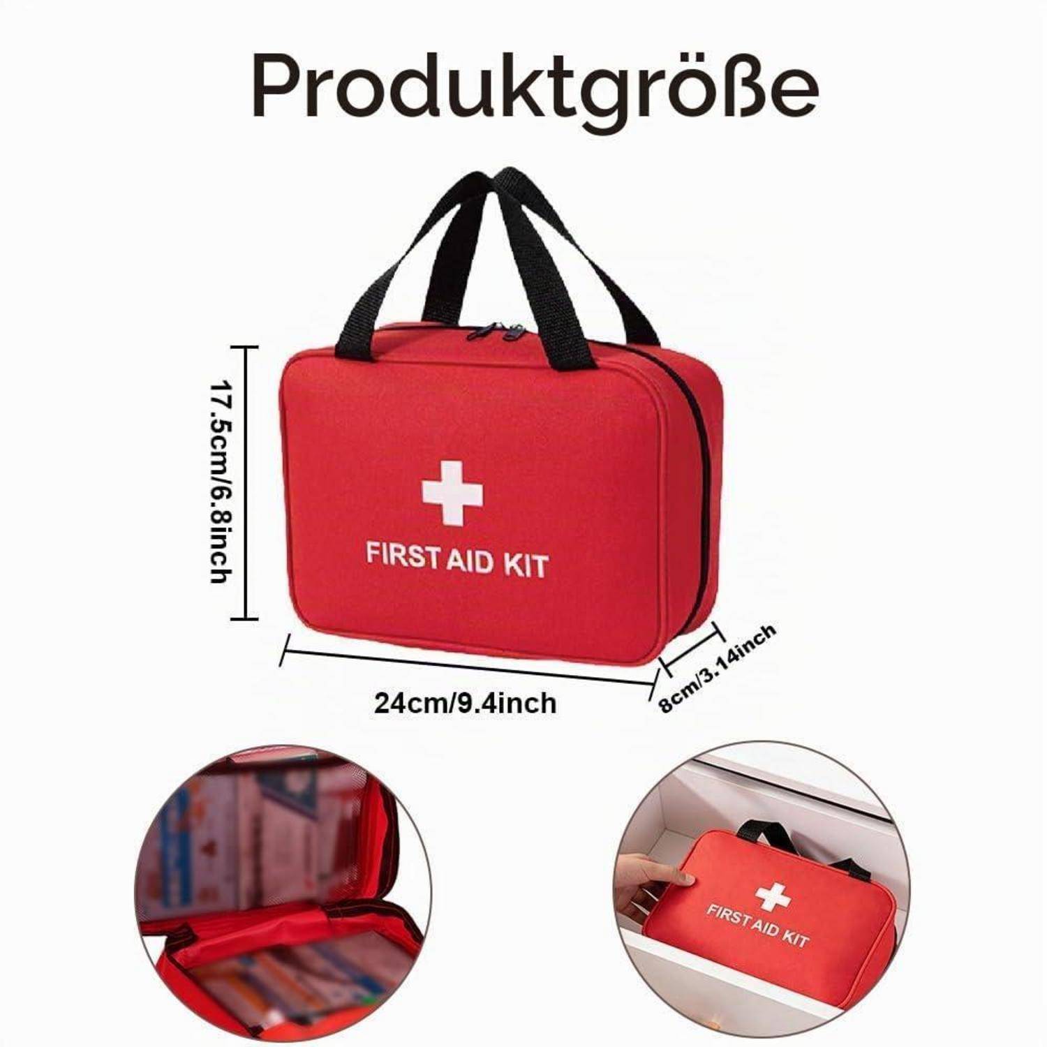 Rote Erste-Hilfe-Tasche mit schwarzen Griffen, beschriftet mit "FIRST AID KIT"", mit Abmessungen von 24 cm x 17,5 cm x 8 cm und eingefügten Gebrauchsfotos.