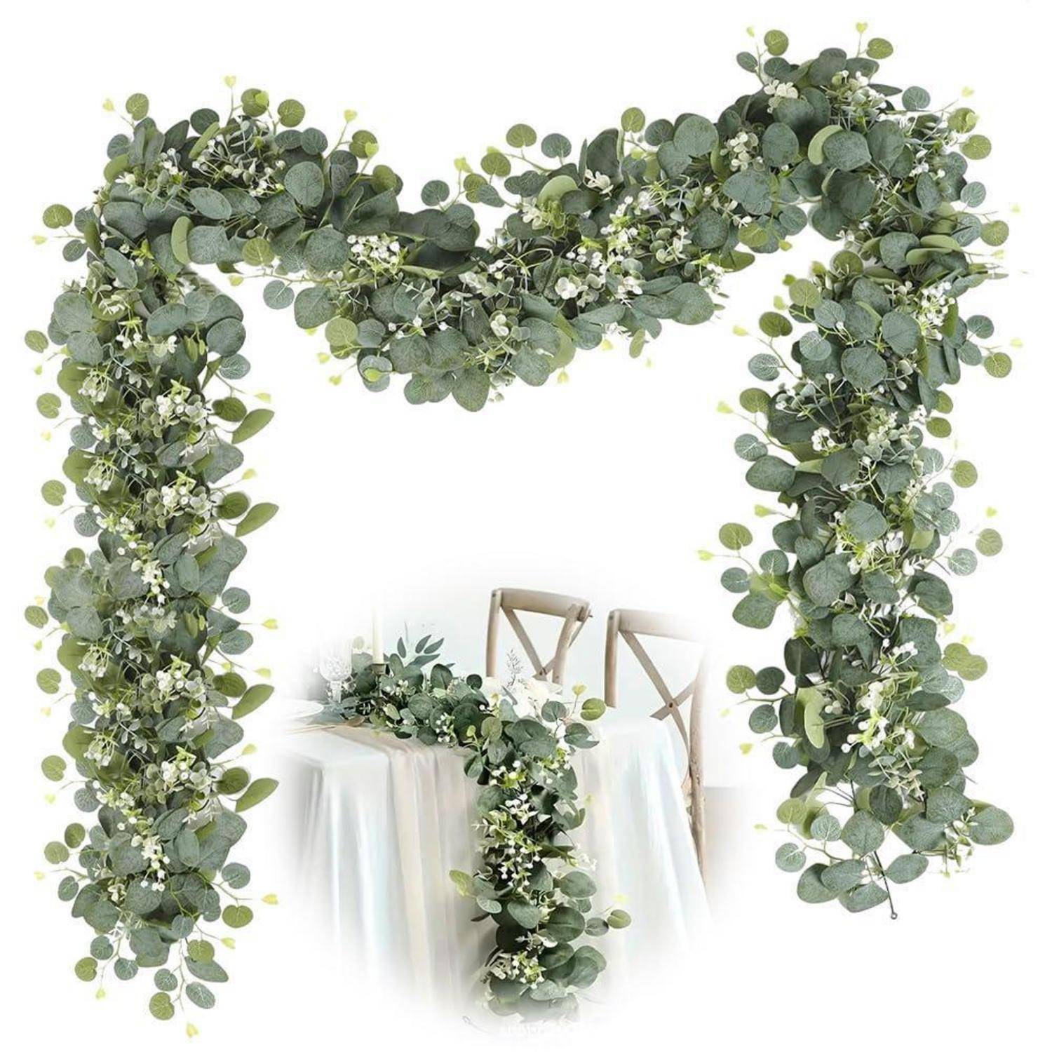 Eukalyptus- und Weiß-Blüten-Girlande, die in einer rechteckigen Bogenform drapiert ist, mit passendem Tischläufer-Arrangement in einer Hochzeitsstil-Einstellung.
