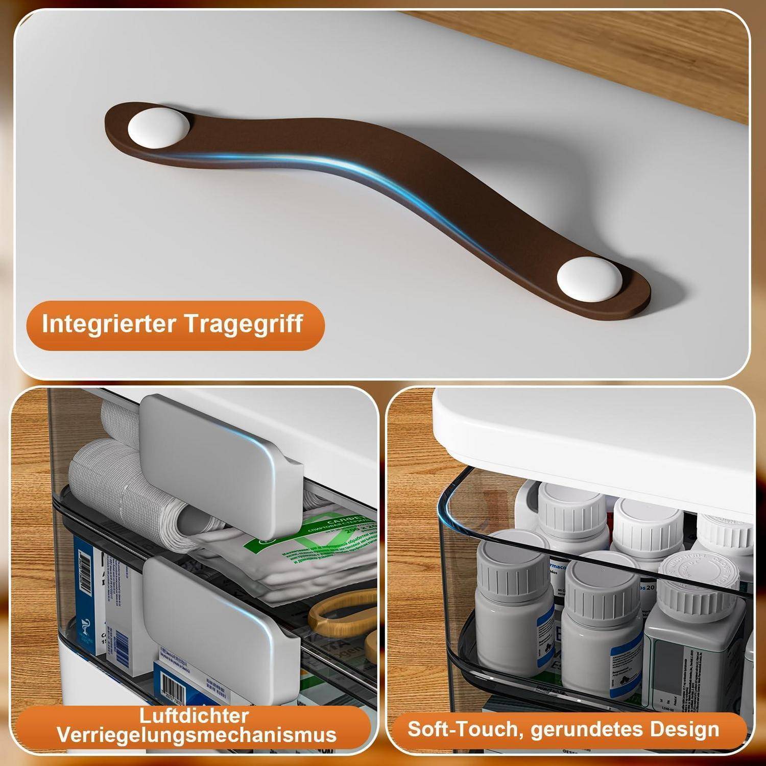 Drei Produktfotos eines weißen Griffs und Schubladen für die Lagerung, die einen integrierten Griff, einen luftdichten Verschlussmechanismus und ein weiches, abgerundetes Design hervorheben.