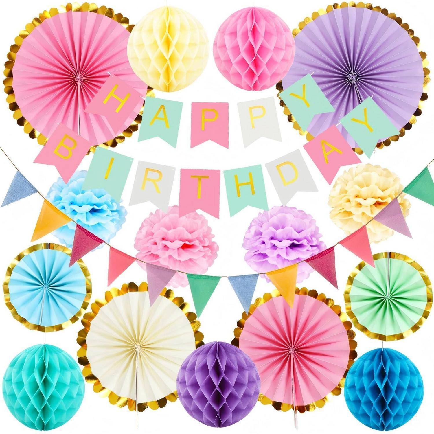 Bunte Geburtstagsparty-Dekorationen mit Papierfächern, Wimpelketten und Bannern mit der Aufschrift „HAPPY BIRTHDAY