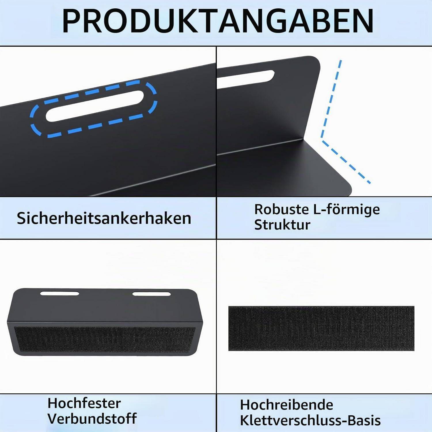 Produktinformationsgrafik mit einem robusten L-förmigen Sicherheitsanker-Haken, hochfestem Klettverschluss-Gewebe und einer langlebigen Recycling-Filzbasis.