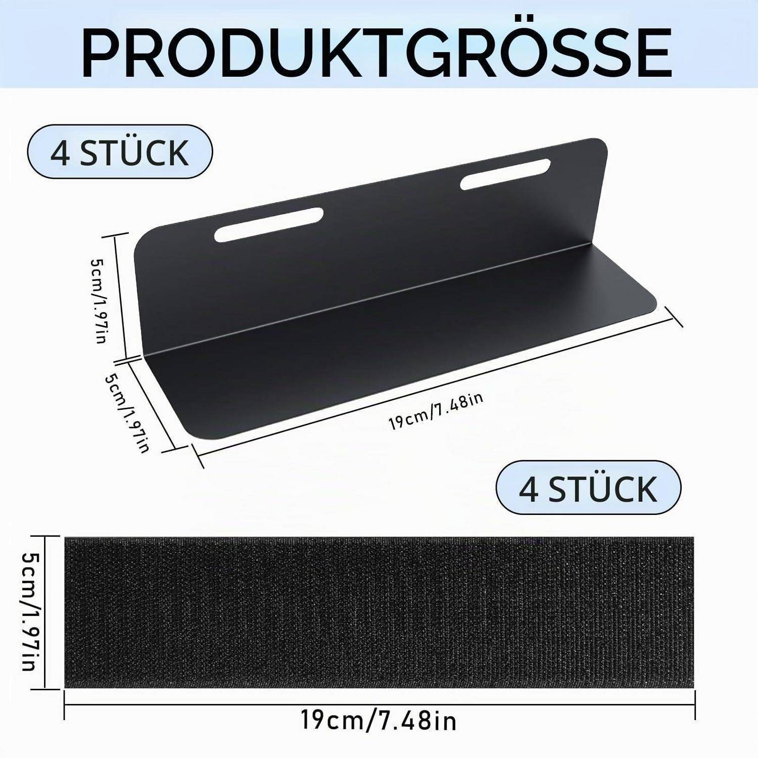 Produktgrößendiagramm für eine 4-teilige schwarze Halterung: 19 cm breit, 5 cm hoch, mit zwei Schlitzlöchern und passendem 19 x 5 cm Streifen.