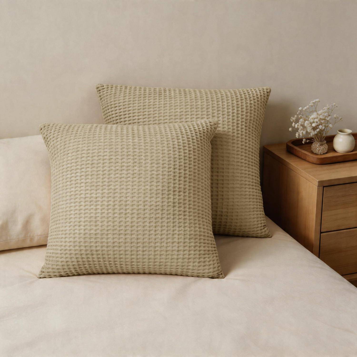 Beigefarbige strukturierte Wurfkissen auf einem cremefarbenen Sofa neben einem Holznachttisch mit kleinen Dekorationen.