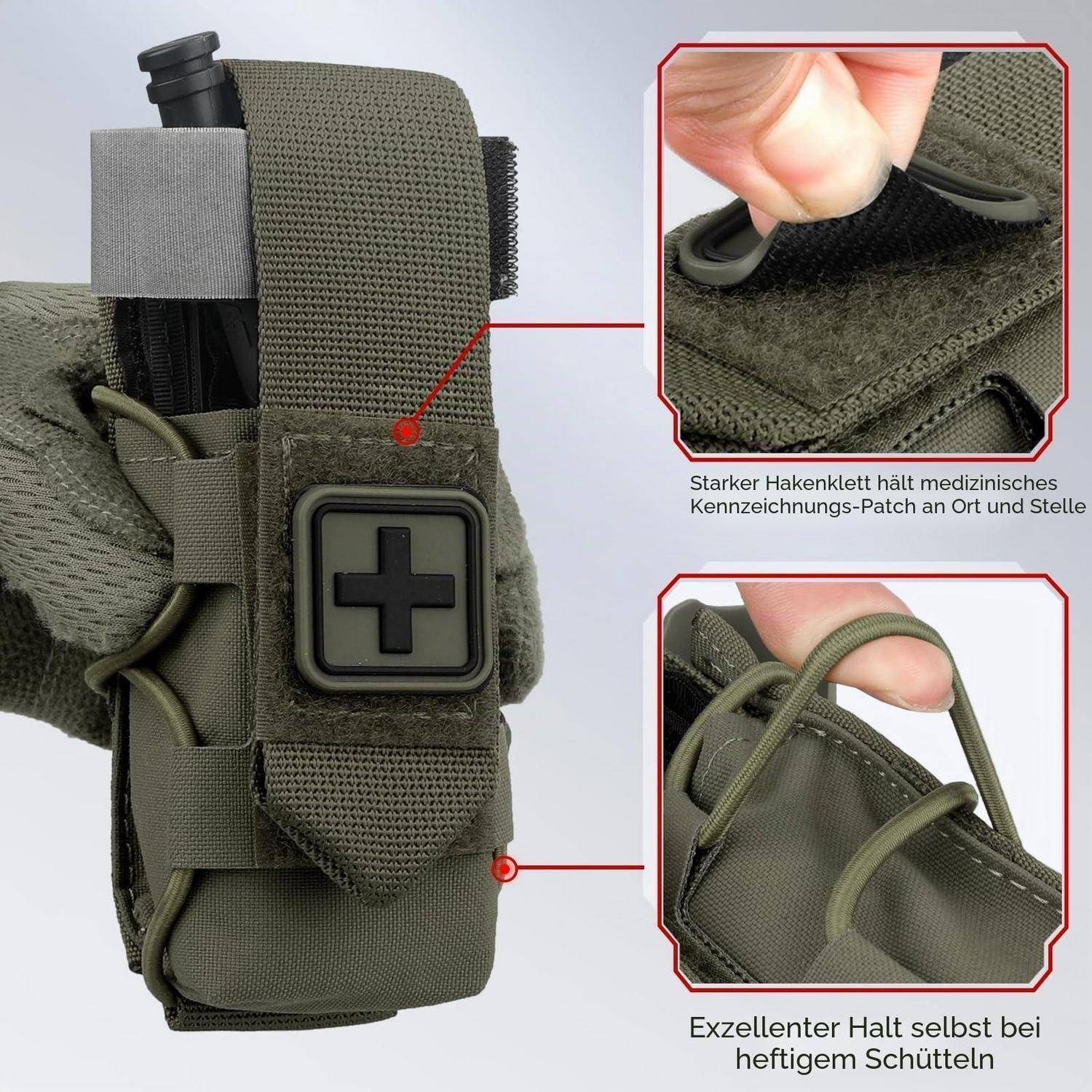 Olivfarbene medizinische Tasche an einem Rucksackgurt befestigt, mit Nahaufnahmen, die einen starken Klettverschluss und elastische Schnurhaltigung zeigen.