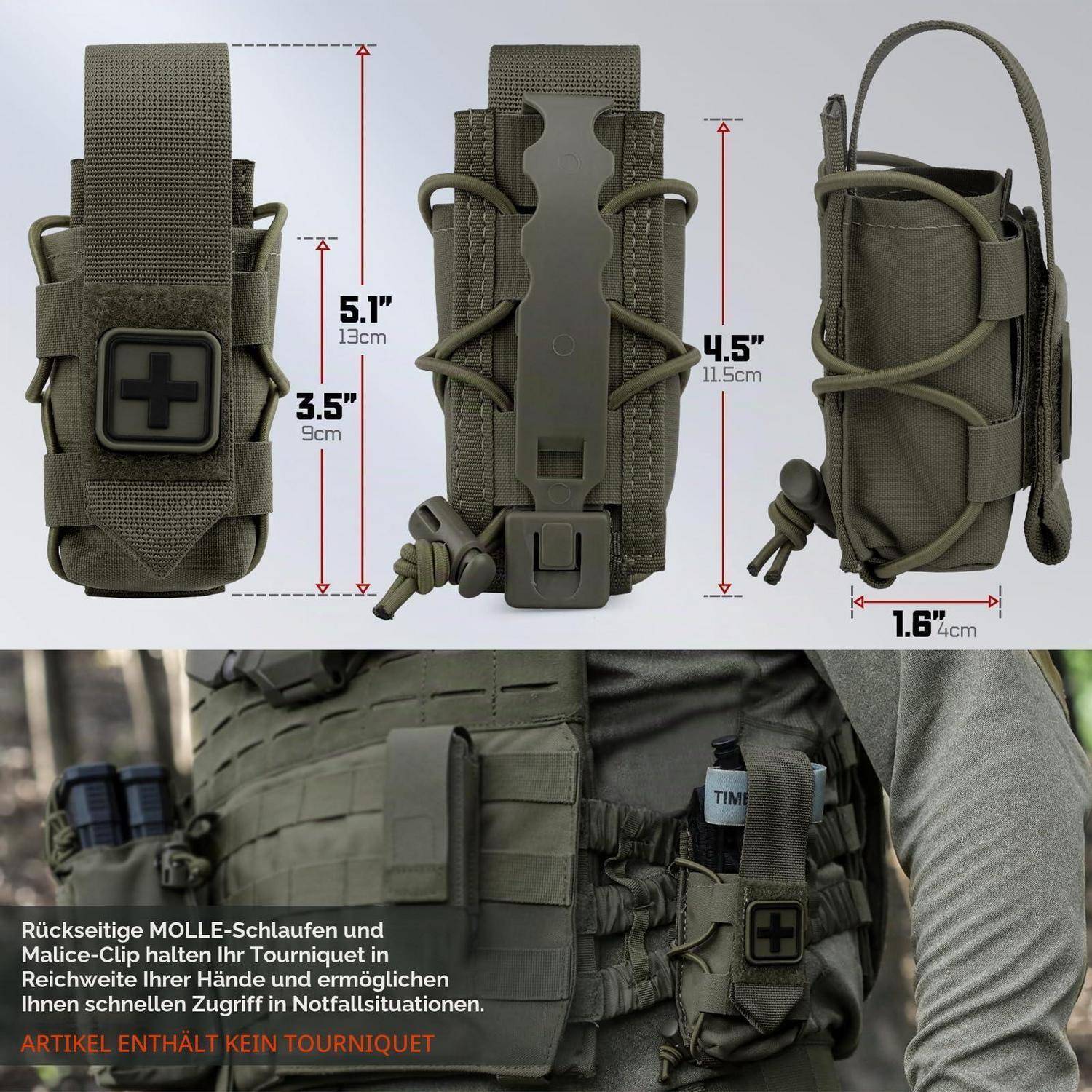Olivbraune Tourniquet-Tasche von vorne, hinten und seitlich mit Abmessungen; darunter auf einer Einsatzweste montiert, mit deutschem Text, der MOLLE-Schleifen, Clip und bemerkt, dass keine Tourniquet enthalten ist.