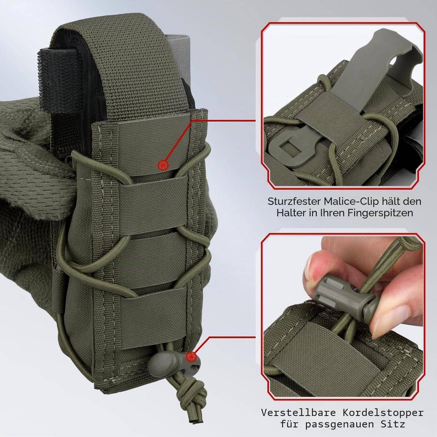 Nahaufnahme einer olivgrünen taktischen Tasche mit verstellbarem Schnurverschluss und Malice Clip, mit eingefügten Detailfotos und deutschen Beschriftungen, die die Befestigung und die Schnurverriegelung zeigen.