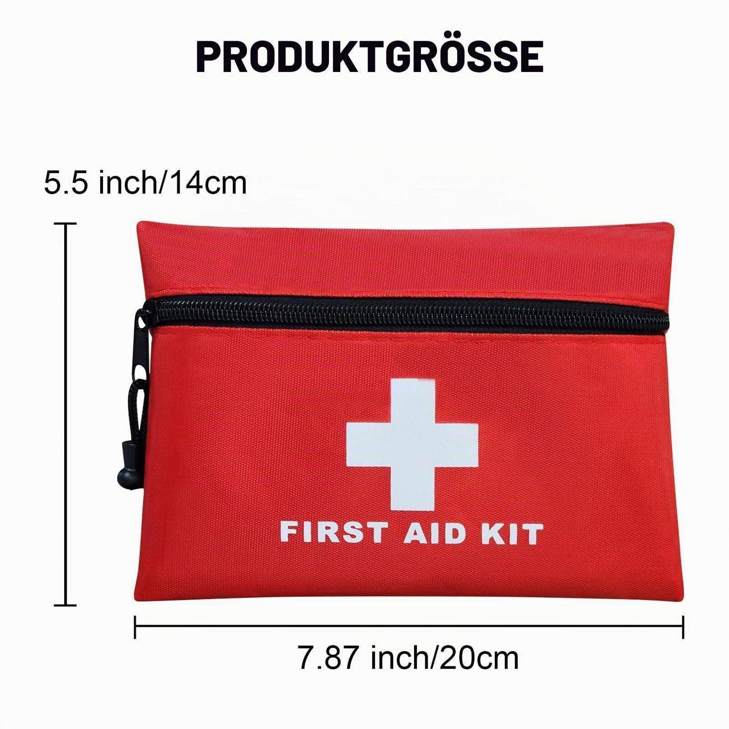Rote Erste-Hilfe-Tasche mit weißem Kreuz und der Aufschrift „FIRST AID KIT", mit Produktgröße 7,87 x 5,5 Zoll (20 x 14 cm) gekennzeichnet.