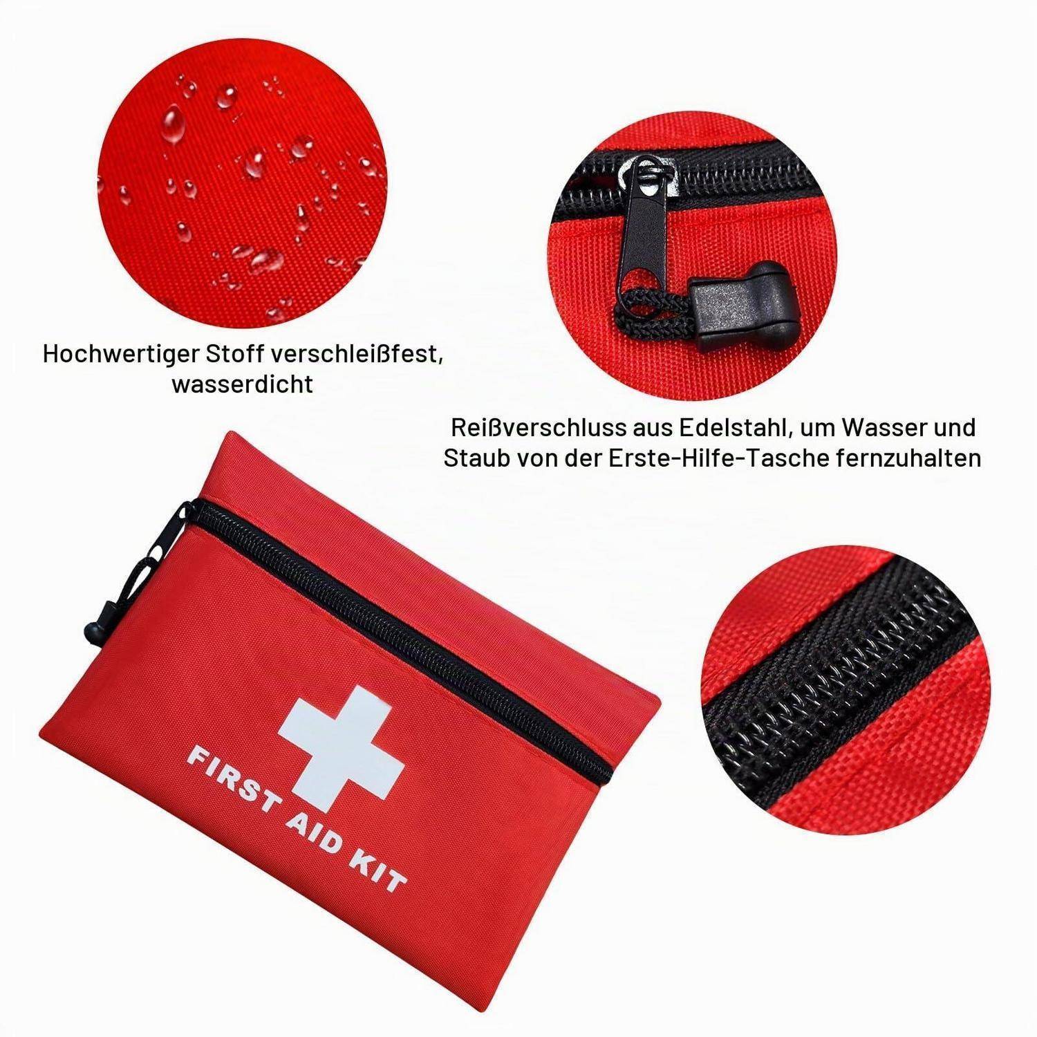 Rote wasserdichte Erste-Hilfe-Tasche mit schwarzem Reißverschluss, gezeigt mit Nahaufnahmen des wasserbeständigen Stoffes und Reißverschlussdetails.