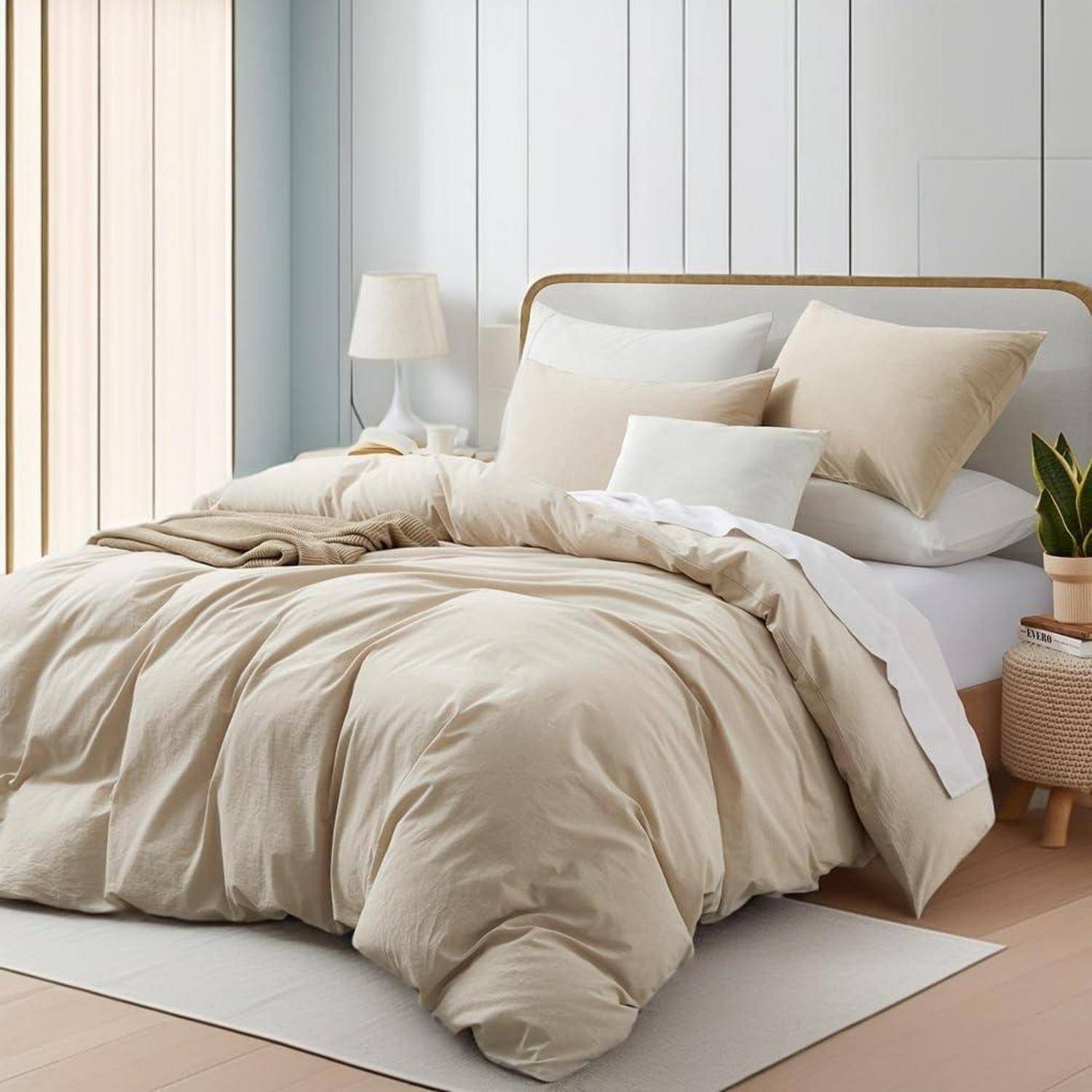 Ein ordentlich gemachtes Bett mit beigefarbener Bettwäsche, mehreren Kissen, einer Nachttischlampe und einer kleinen Pflanze in einem hellen, minimalistischen Schlafzimmer.