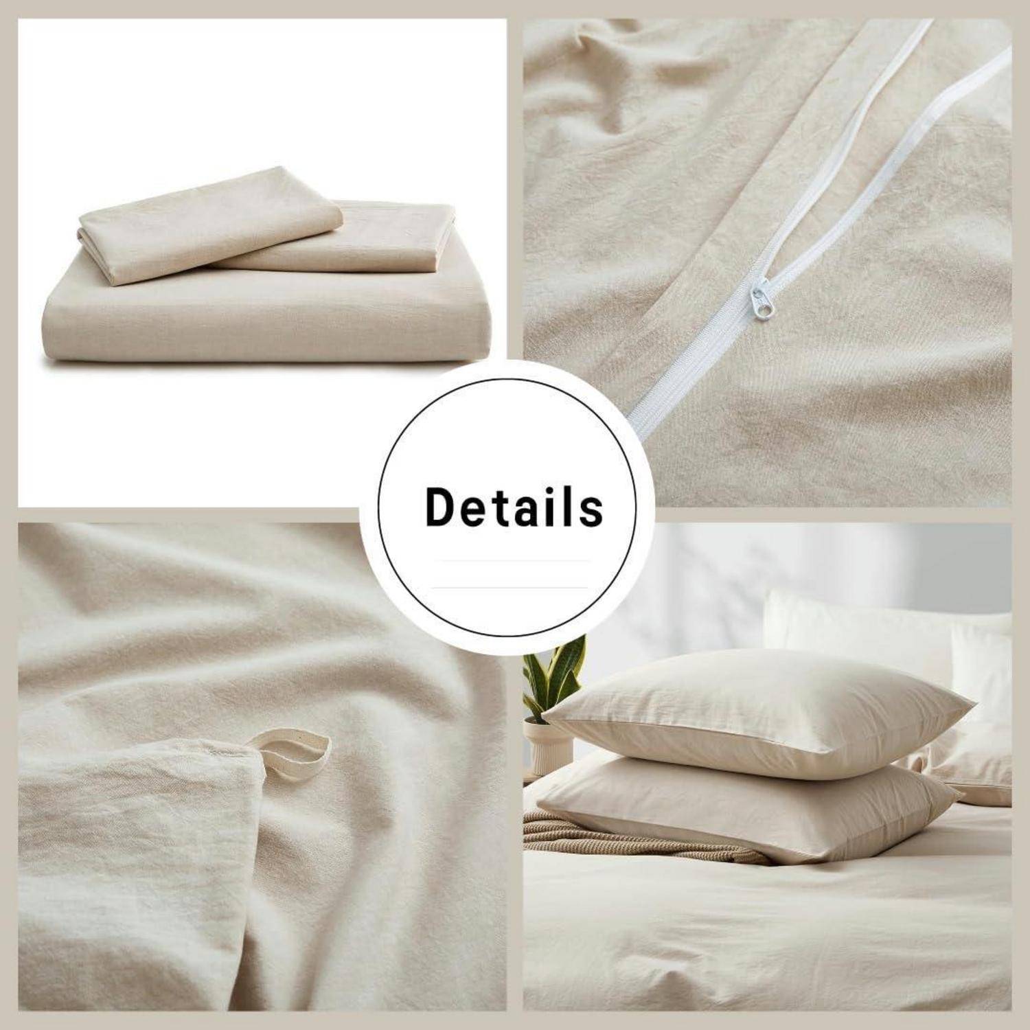 Collage von beige Bettwäsche-Details mit gefalteten Laken, einem Reißverschluss, Stofftextur und Kissen auf einem Bett.