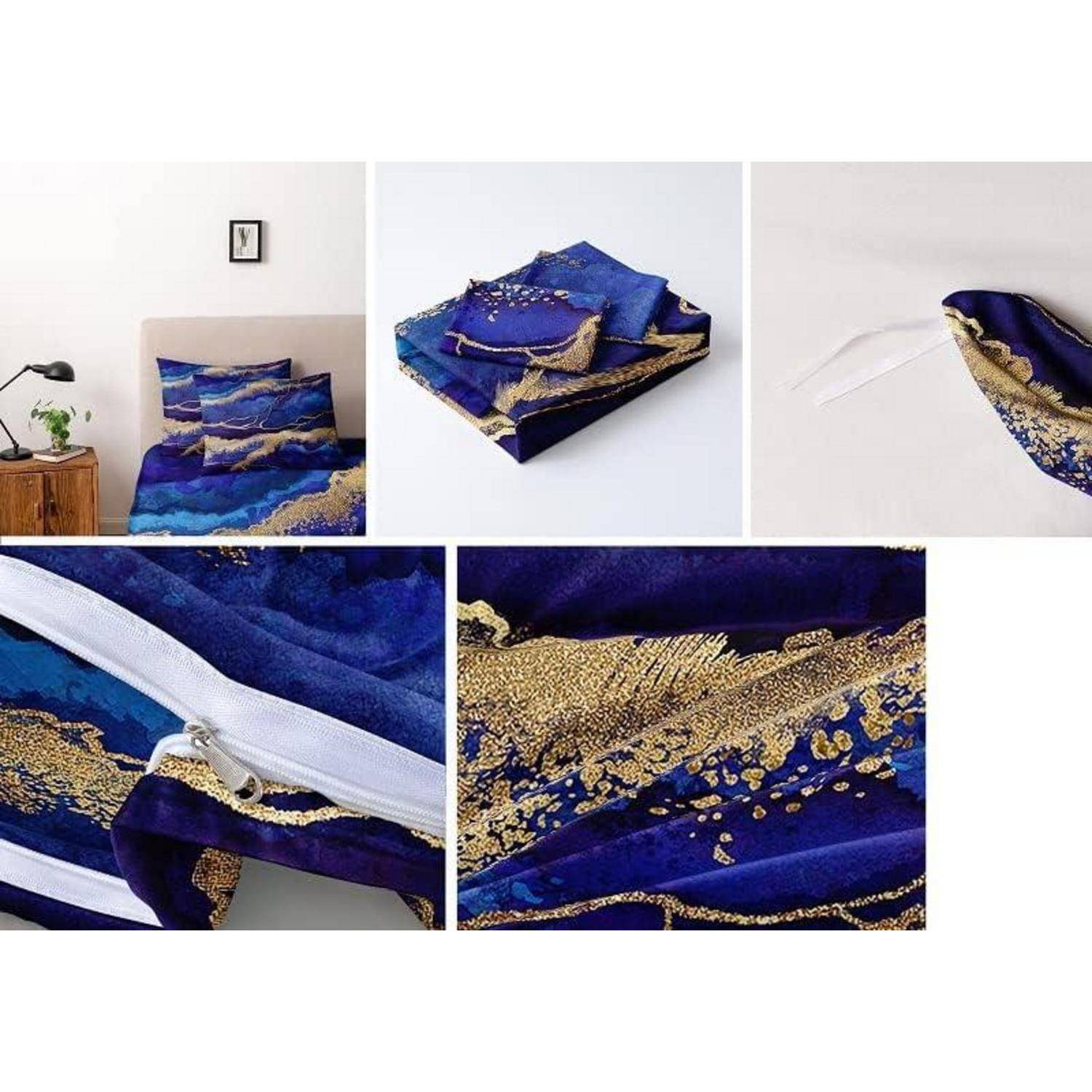 Collage eines blau-gold gemusterten Bettwäscheset, zeigt das gemachte Bett, gefaltete Bettwäsche und Nahaufnahmen des Stoffes und des Reißverschlusses.