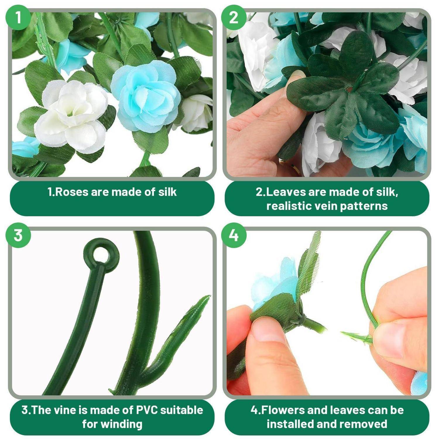 Vierteiliges Produktinfografik für künstliche Rosen: Seidenblüten und -blätter mit realistischen Adermustern, PVC-Ranke zum Winden und abnehmbare Blüten und Blätter.