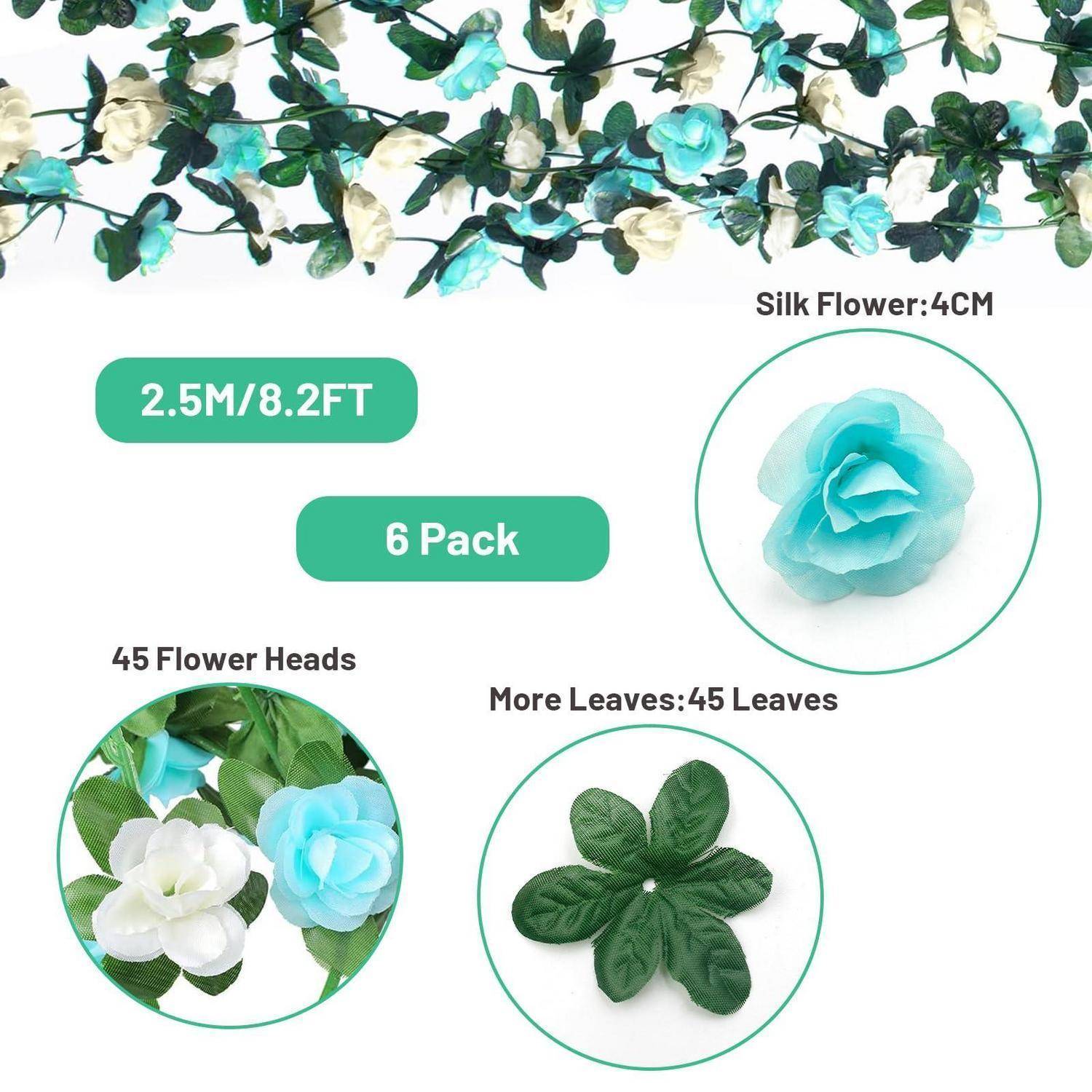 Produktgrafik einer künstlichen Blumengirlande mit einer Länge von 2,5 m/8,2 FT, 6er Pack, 45 Blütenkopfe, 45 Blätter und 4 cm Seidenblumen.