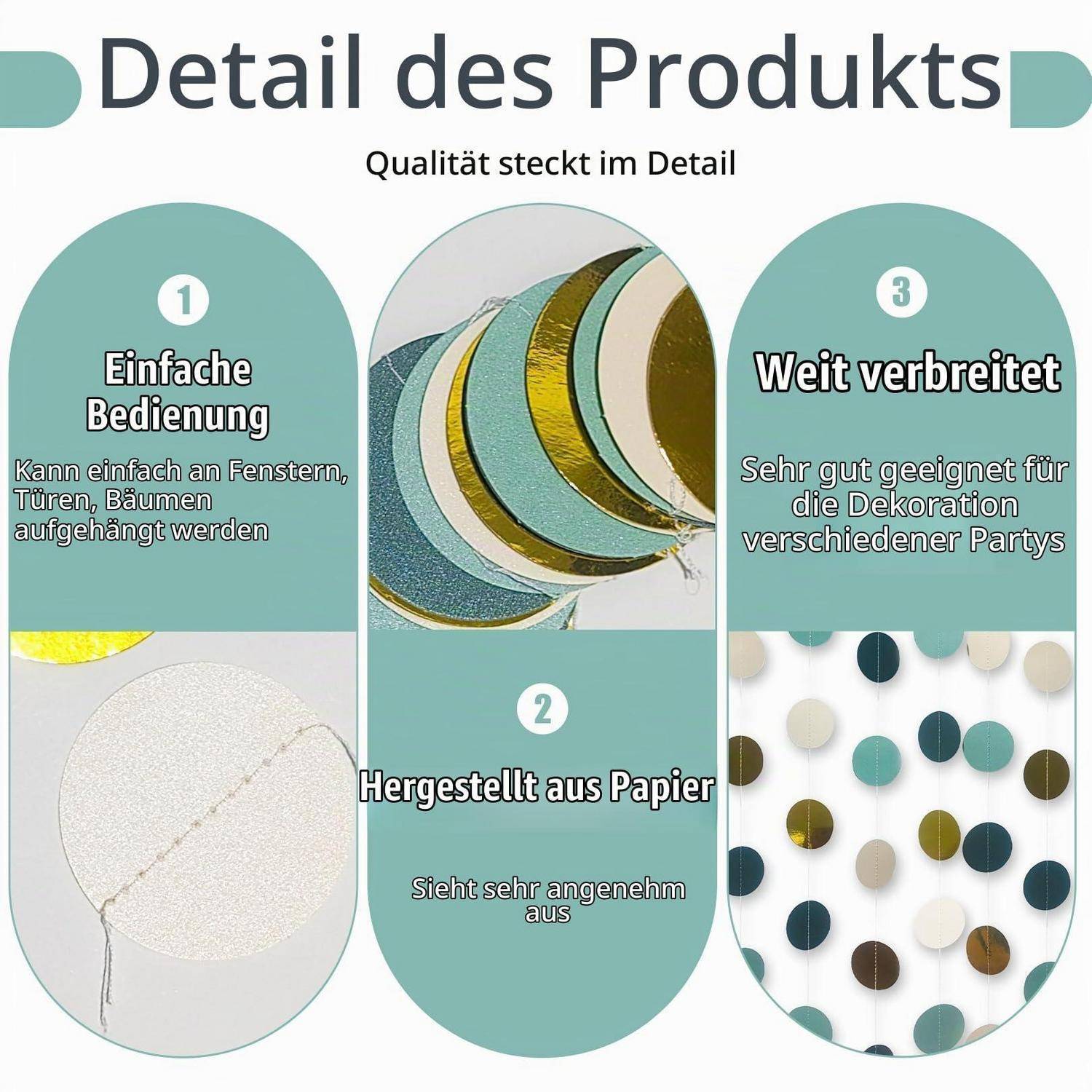 Infografik mit dem Titel "Produktdetails"" zeigt eine Papierpartydekoration mit drei Vorteilen: leicht aufzuhängen, aus Papier gefertigt und geeignet zur Dekoration von Partys.