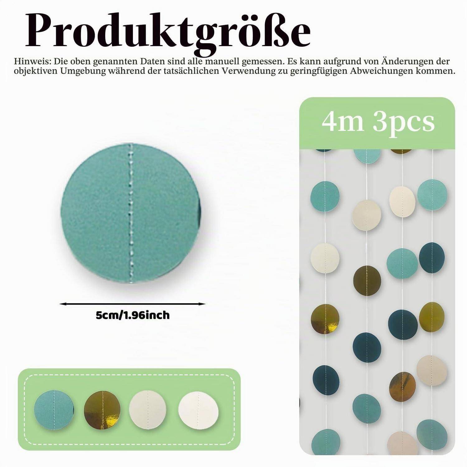 Größendiagramm für eine 4 m große, dreiteilige hängende Kreisgirlande; zeigt eine 5 cm/1,96 Zoll große Scheibe und Farboptionen, die auf Strängen angeordnet sind.