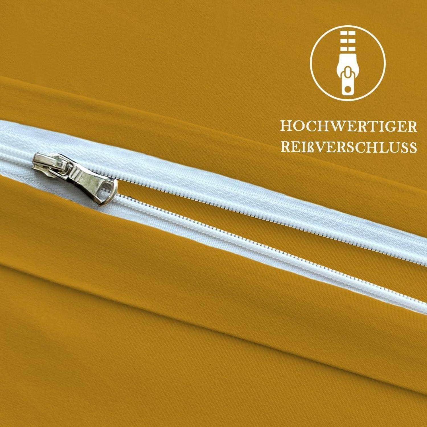 Nahaufnahme eines weißen Reißverschlusses auf senfgelben Stoff mit deutschem Text „HOCHWERTIGER REIßVERSCHLUSS" und einem Reißverschluss-Symbol.