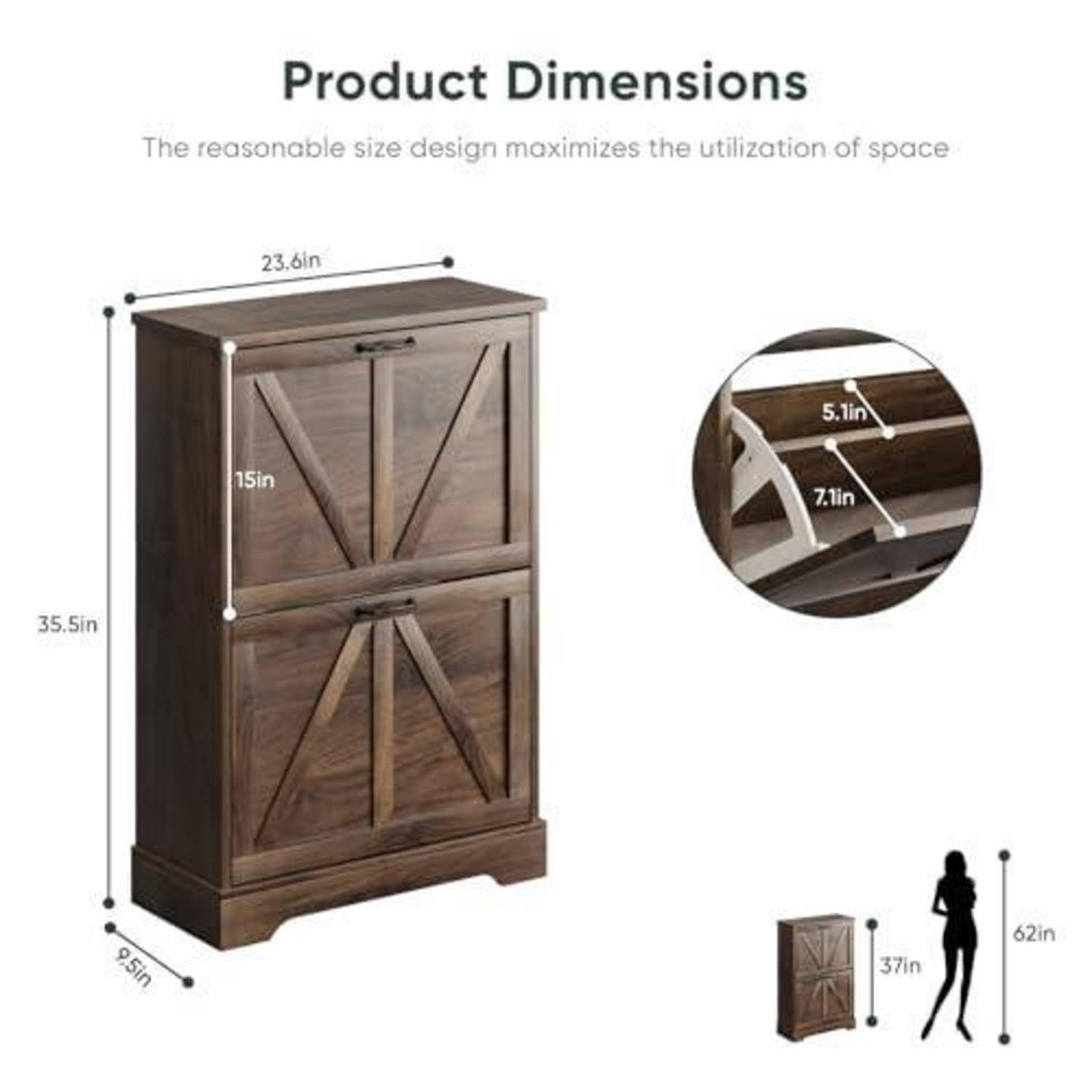 Produktmaßdiagramm für einen Holzschrank: 23,6 Zoll breit, 35,5 Zoll hoch, 9,5 Zoll tief, mit 15 Zoll hohen oberen Türen und 5,1/7,1 Zoll Regalabstand; zeigt einen 37 Zoll hohen Schrank neben einer 62 Zoll großen Person zur Größenangabe.