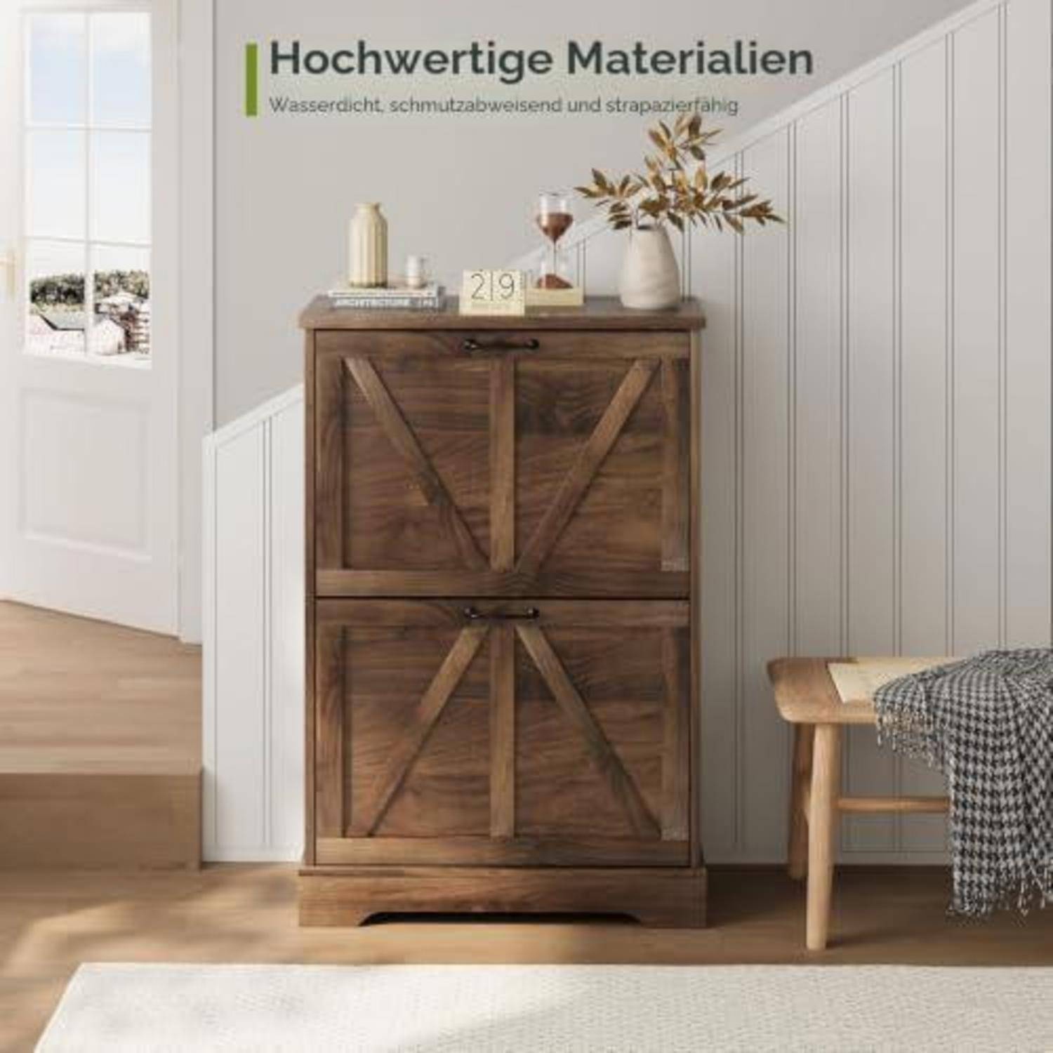 Holzschrank mit zwei Türen in einem hellen Raum, beschriftet mit „Hochwertige Materialien" und „Wasserdicht, schmutzabweisend und strapazierfähig"".