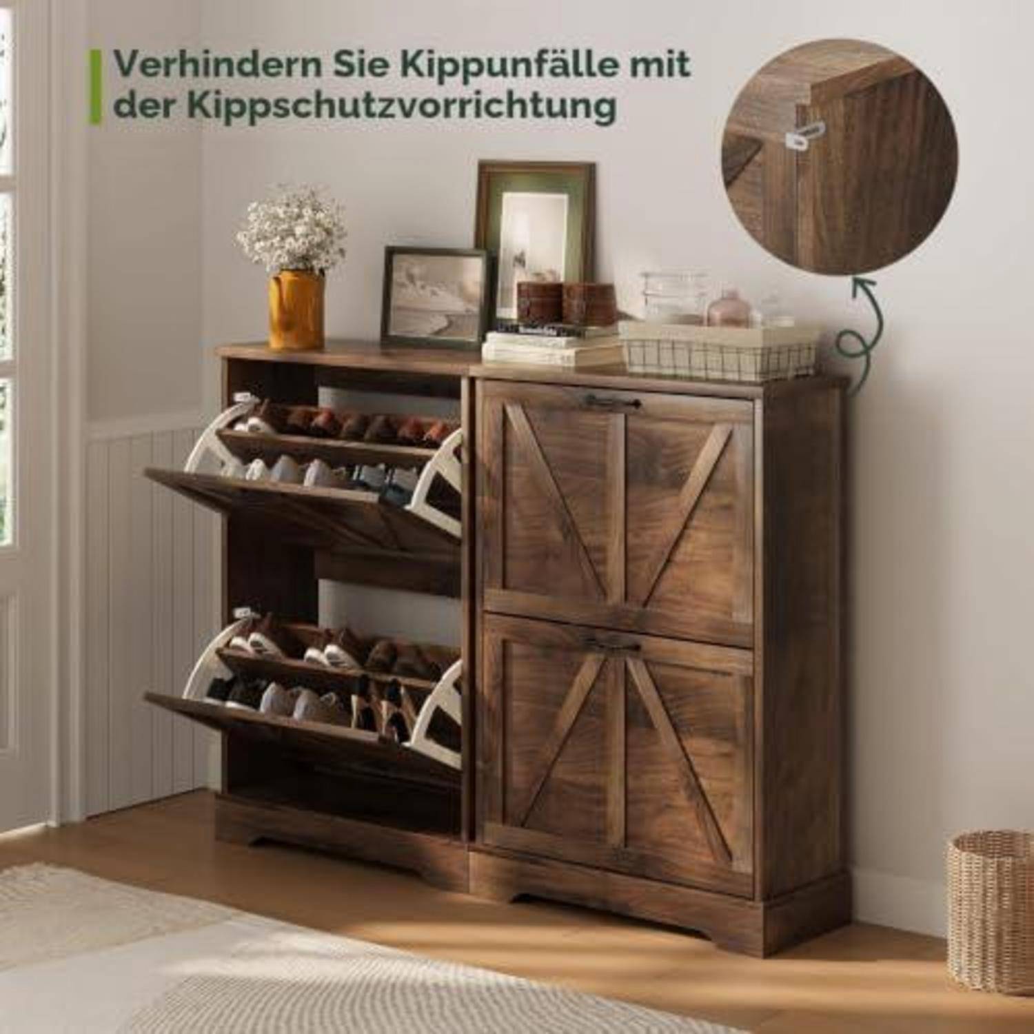 Holzschuhschrank mit Kippschutzvorrichtung gezeigt; deutscher Text sagt „Verhindern Sie Kippunfälle mit der Kippschutzvorrichtung".