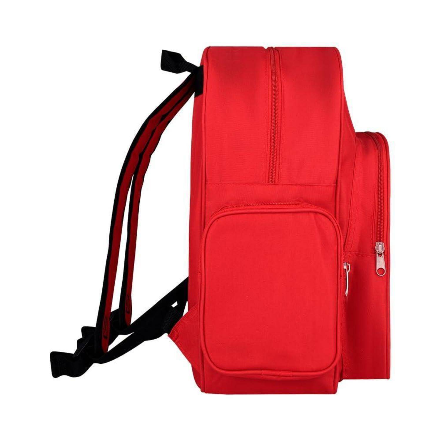 Roter Rucksack oder Sporttasche in Profilansicht auf weißem Hintergrund, mit schwarzen Schultergurten und einer großen Vordertasche.