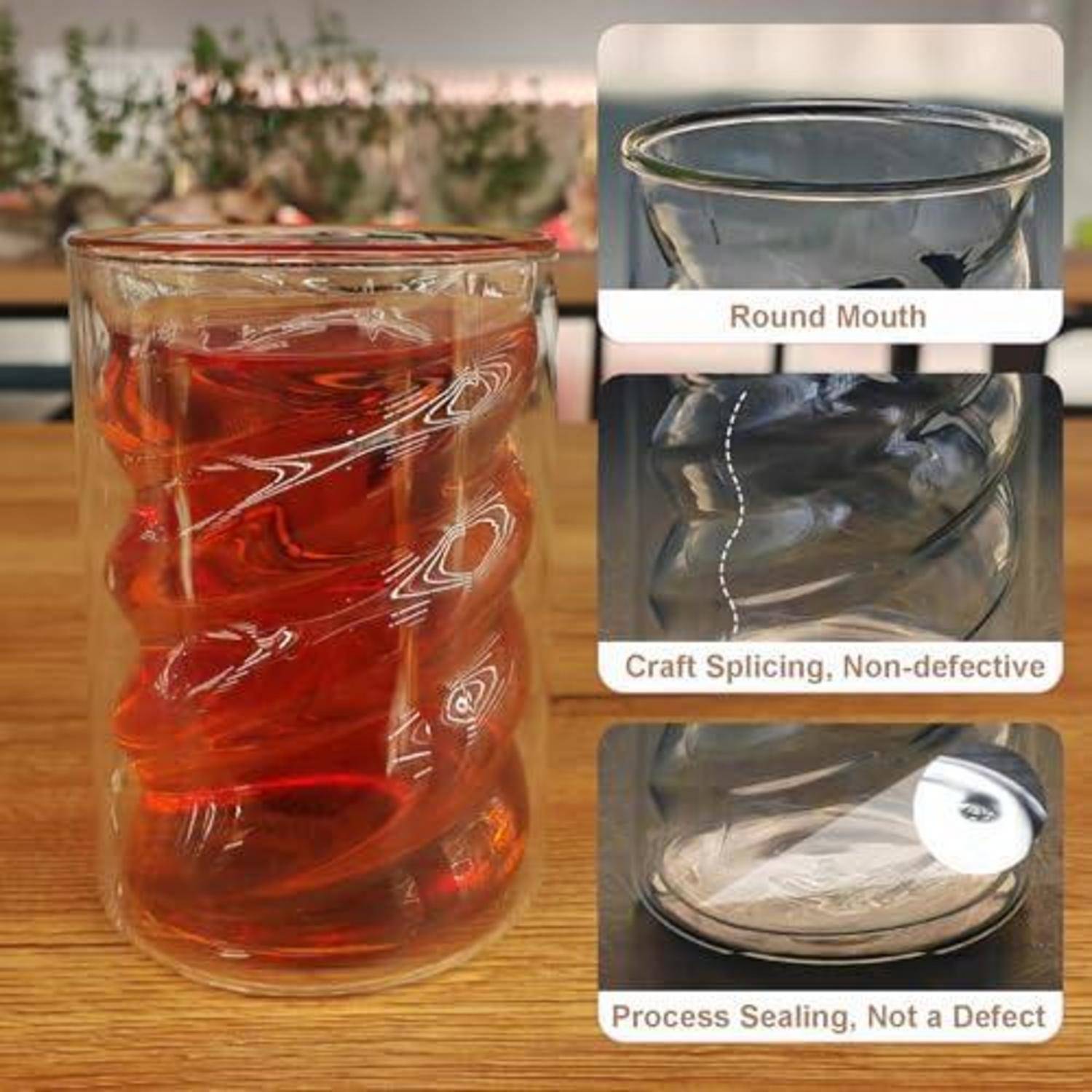 Klares, welliges Glastumbler mit rotem Getränk, gezeigt mit eingefügten Nahaufnahmen, die die runde Öffnung und das nahtlose, versiegelte Handwerksdesign hervorheben.