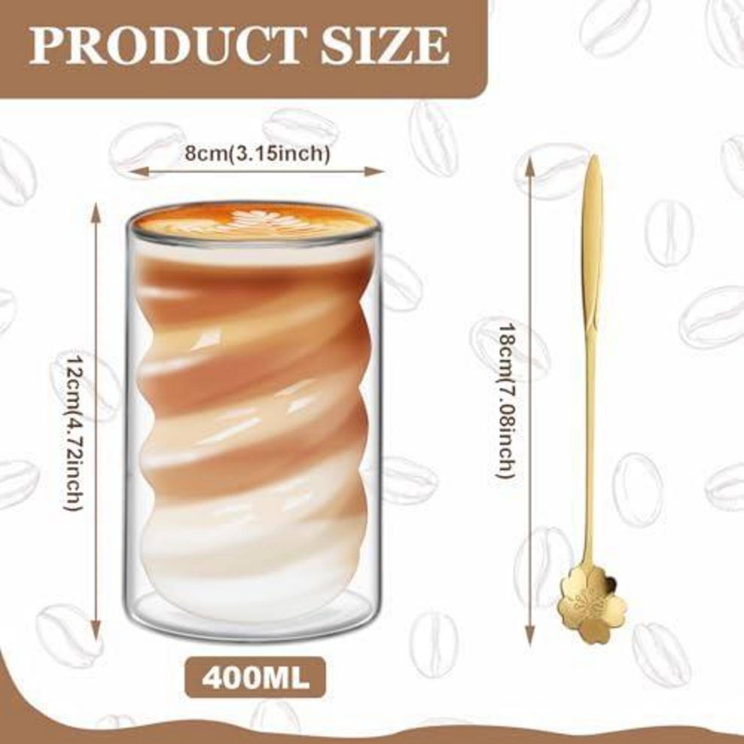 Größengrafik des Produkts zeigt eine 400-ml-Tasse, 12 cm hoch und 8 cm breit, plus einen 18 cm langen Löffel.
