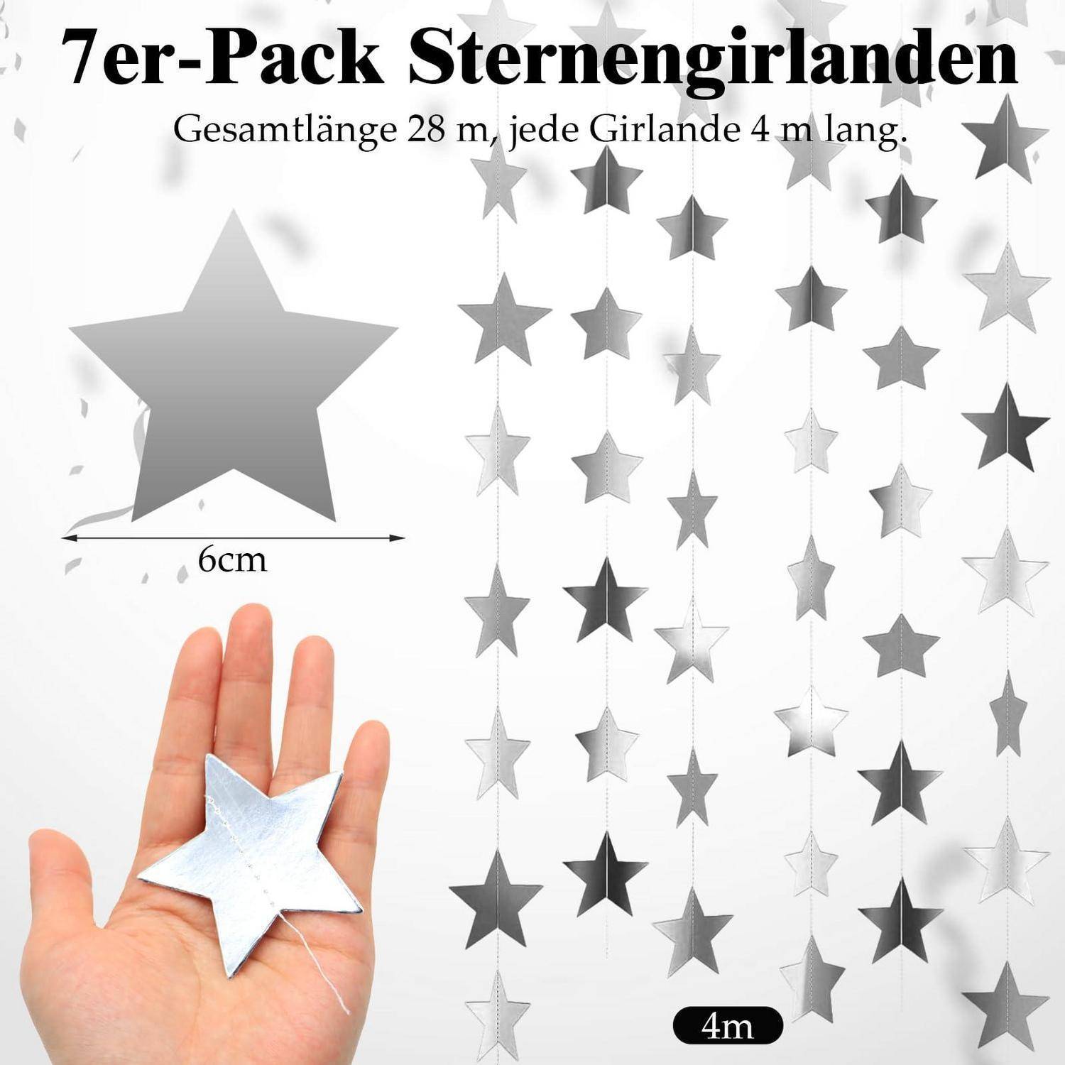 Produktbild von 7 Sterngirlanden, Gesamtlänge 28 m, jede Girlande 4 m lang; zeigt 6 cm große Sterne und eine Hand als Größenmaßstab.