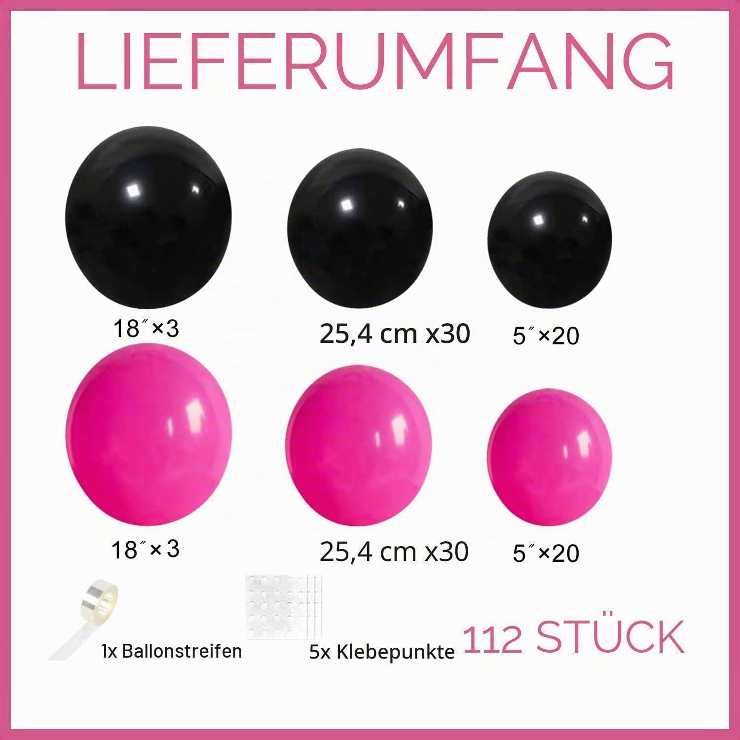 Verpackungsinhalt für Ballonset: schwarze und rosa Ballons in drei Größen, plus 1 Ballonstreifen und 5 Klebepunkte, insgesamt 112 Teile.