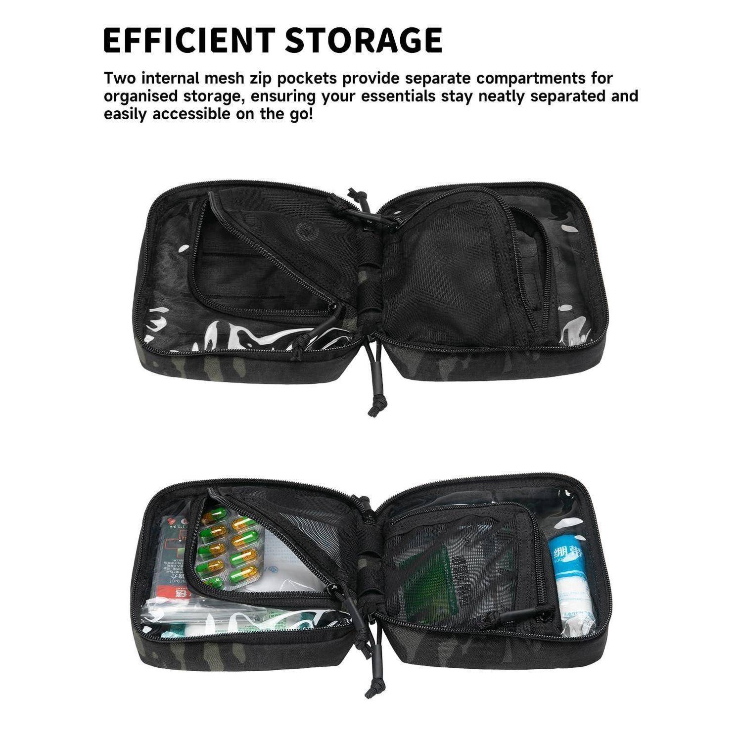 Offene schwarze Reisetasche mit zwei inneren Mesh-Reißverschlusstaschen, leer dargestellt und dann gefüllt mit organisierten Toilettenartikeln und Accessoires unter der Überschrift „EFFIZIENTE AUFBEWAHRUNG".