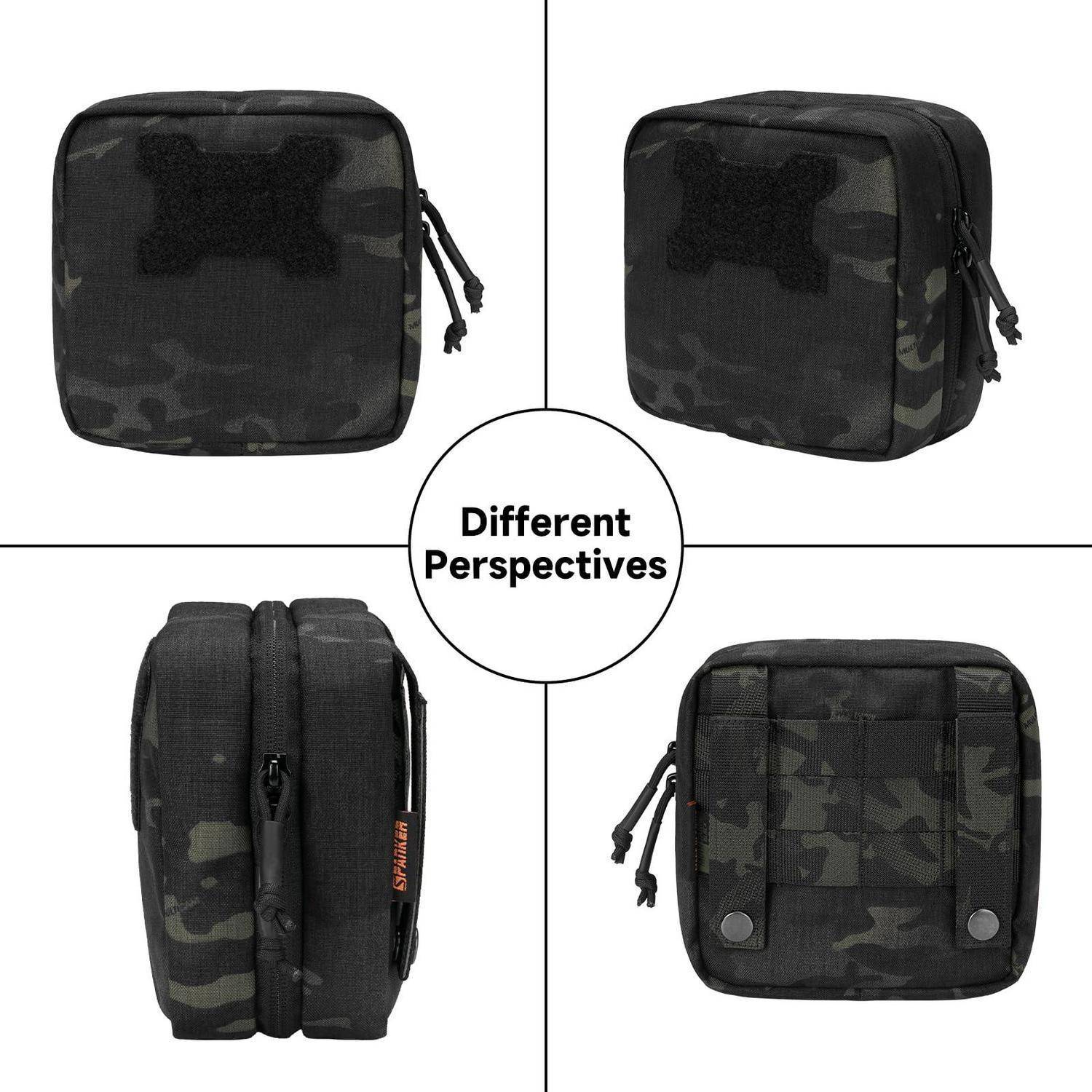 Collage, das eine Camouflage-Reißverschlusstasche aus vier verschiedenen Blickwinkeln zeigt, mit "Unterschiedliche Perspektiven"" in der Mitte.