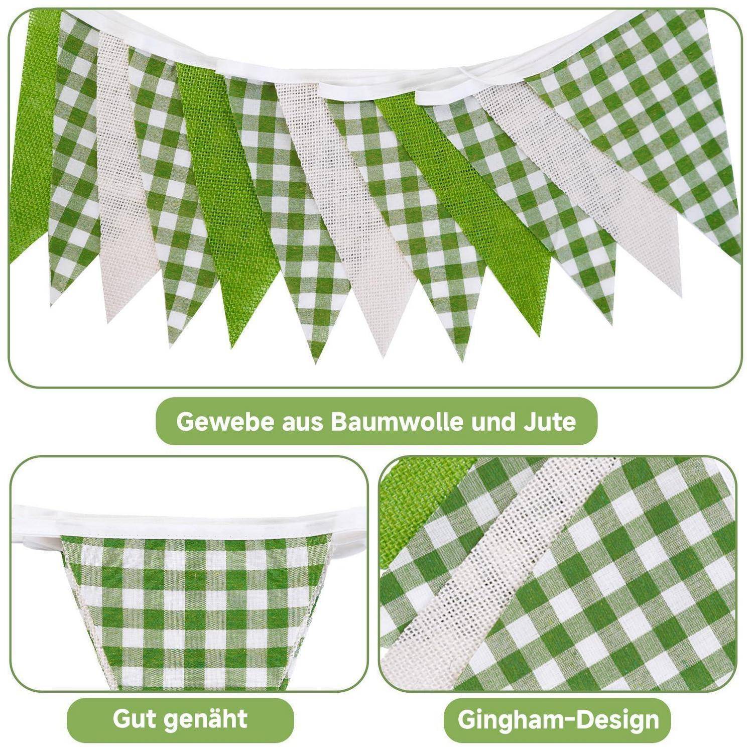 Grün-weiß karierter Stoff als Wimpelkette und Nahaufnahmen von Nähten und Muster, beschriftet in Deutsch: 'Gewebe aus Baumwolle und Jute', 'Gut genäht', 'Gingham-Design'.