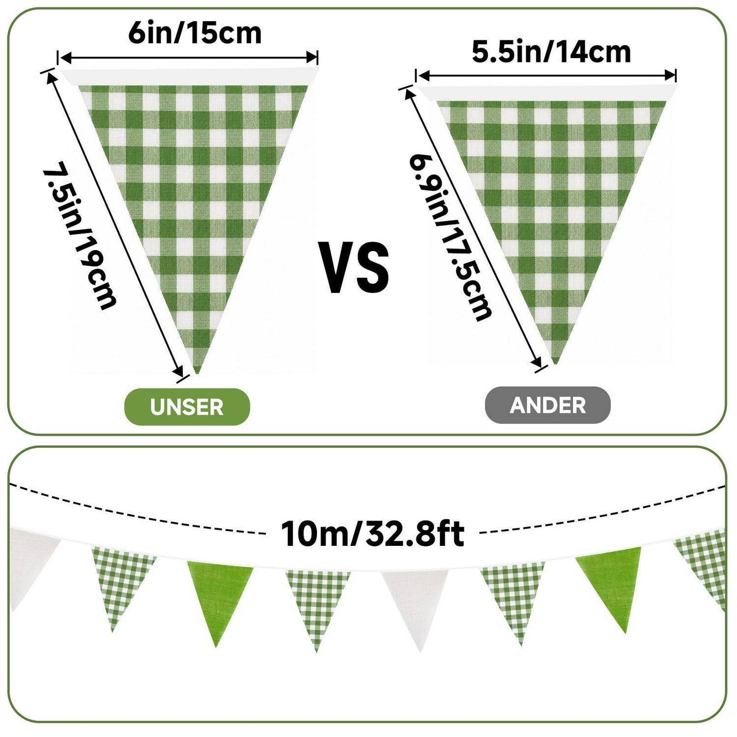 Vergleichsgrafik von zwei Wimpelfahnen: 'UNSER' ist 6 Zoll/15 cm breit und 7,5 Zoll/19 cm lang; 'ANDER' ist 5,5 Zoll/14 cm breit und 6,9 Zoll/17,5 cm lang. Unten ist eine 10-m/32,8-Fuß-Wimpelkette dargestellt.