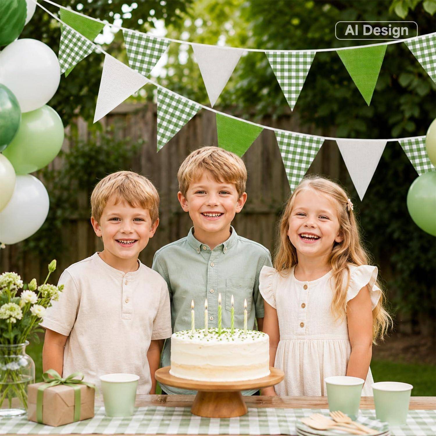 Drei Kinder, die an einem Geburtstagstisch mit einem Kuchen, Ballons und grün-weißer Wimpelkette im Freien lächeln.