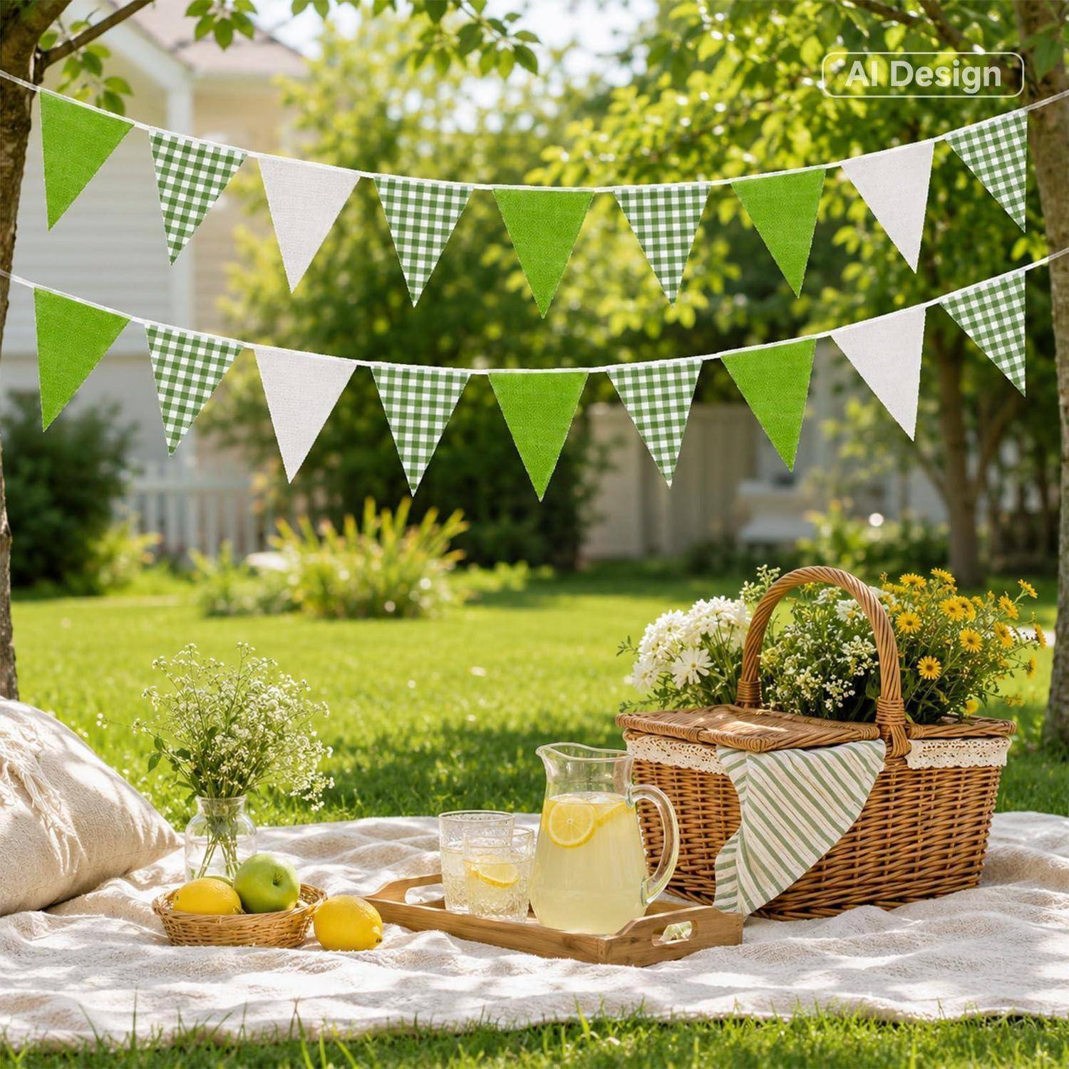 Outdoor-Frühjahrspicknick-Setup auf einer Decke mit Limonade, Obst, Blumen und einem Weidenkorb, dekoriert mit grün-weißer Girlande in einem Garten.