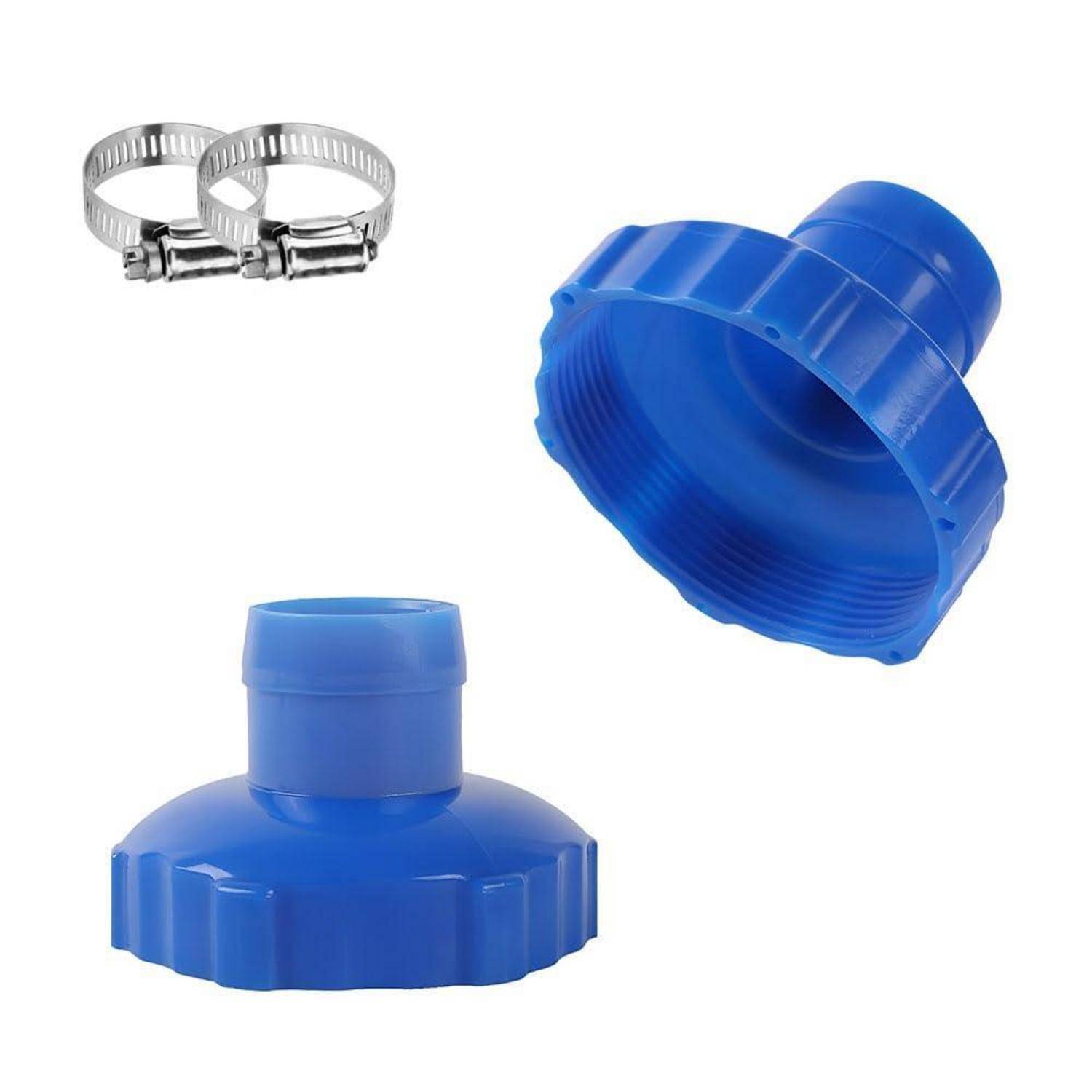 Blaue Kunststoffschlauch-Adapter-/Verschlusskappen mit zwei Metallschlauchschellen auf weißem Hintergrund.