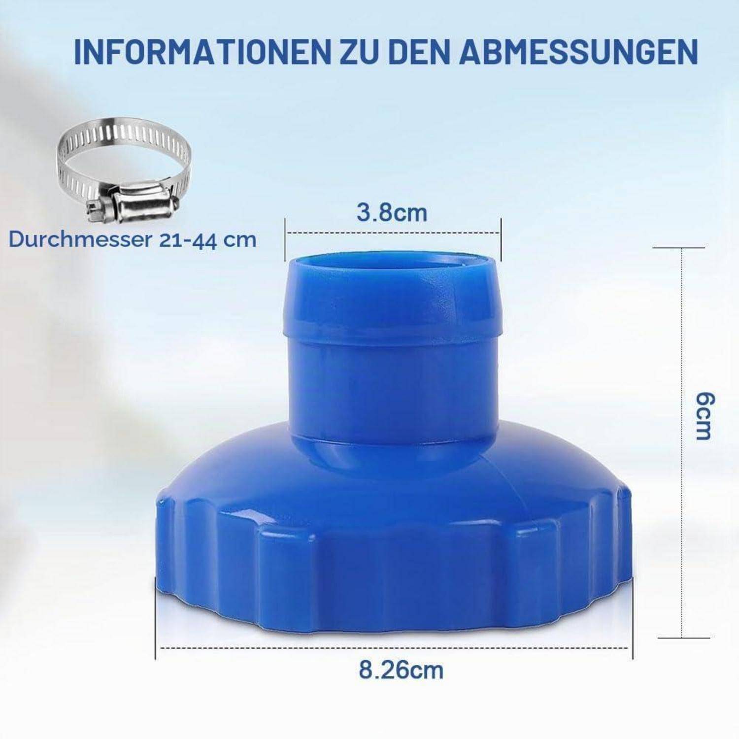 Blauer Verschlussdeckel mit Gewinde-Hals und Schlauchschelle; Abmessungen wie gezeigt: 3,8 cm Durchmesser oben, 8,26 cm Basis, 6 cm Höhe, Schelle passt 21-44 cm Durchmesser.