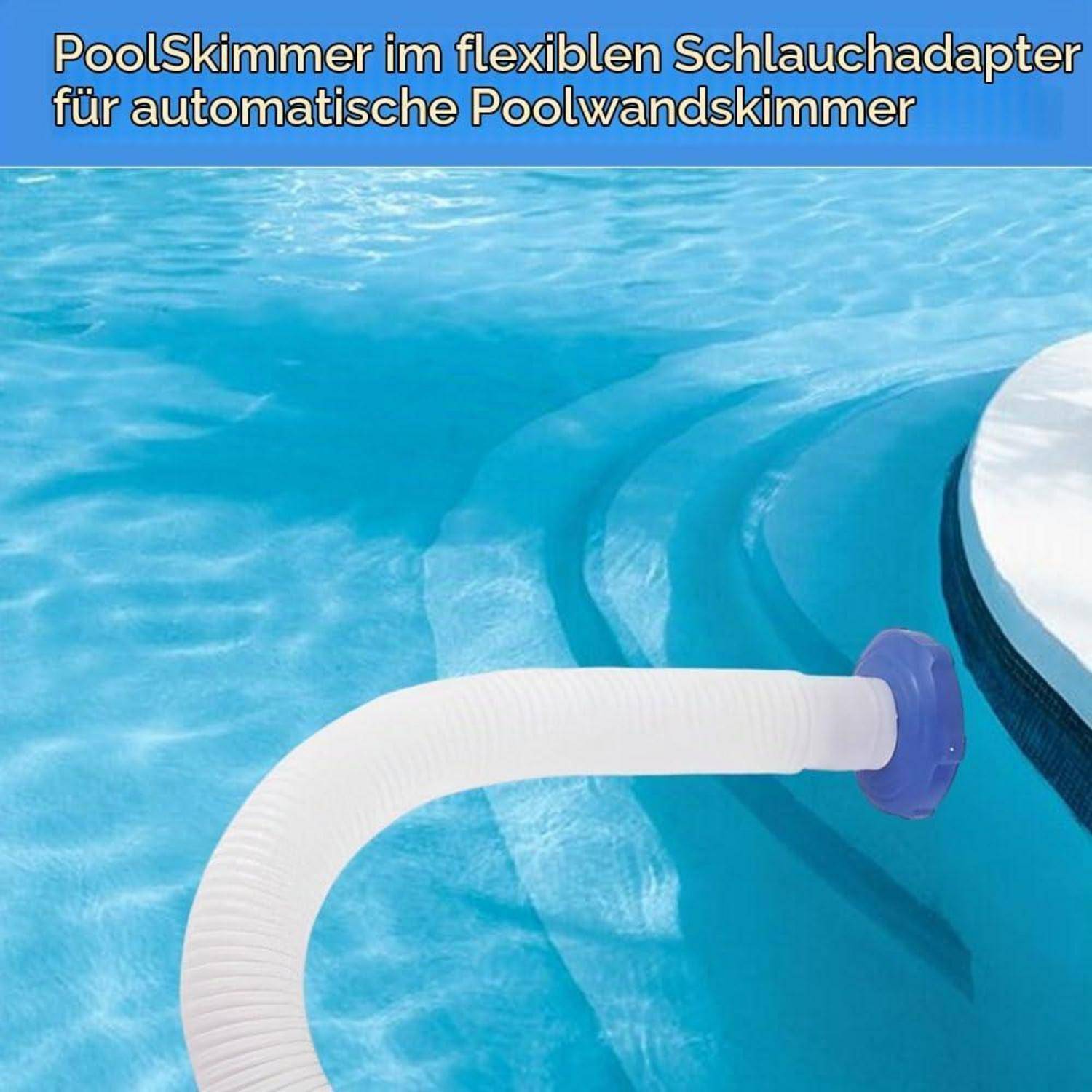 Flexibler weißer Schlauchverbinder an einem Pool-Skimmer-Einlass angebracht, dargestellt in einem Schwimmbecken mit deutschem Text über einen automatischen Pool-Skimmer.