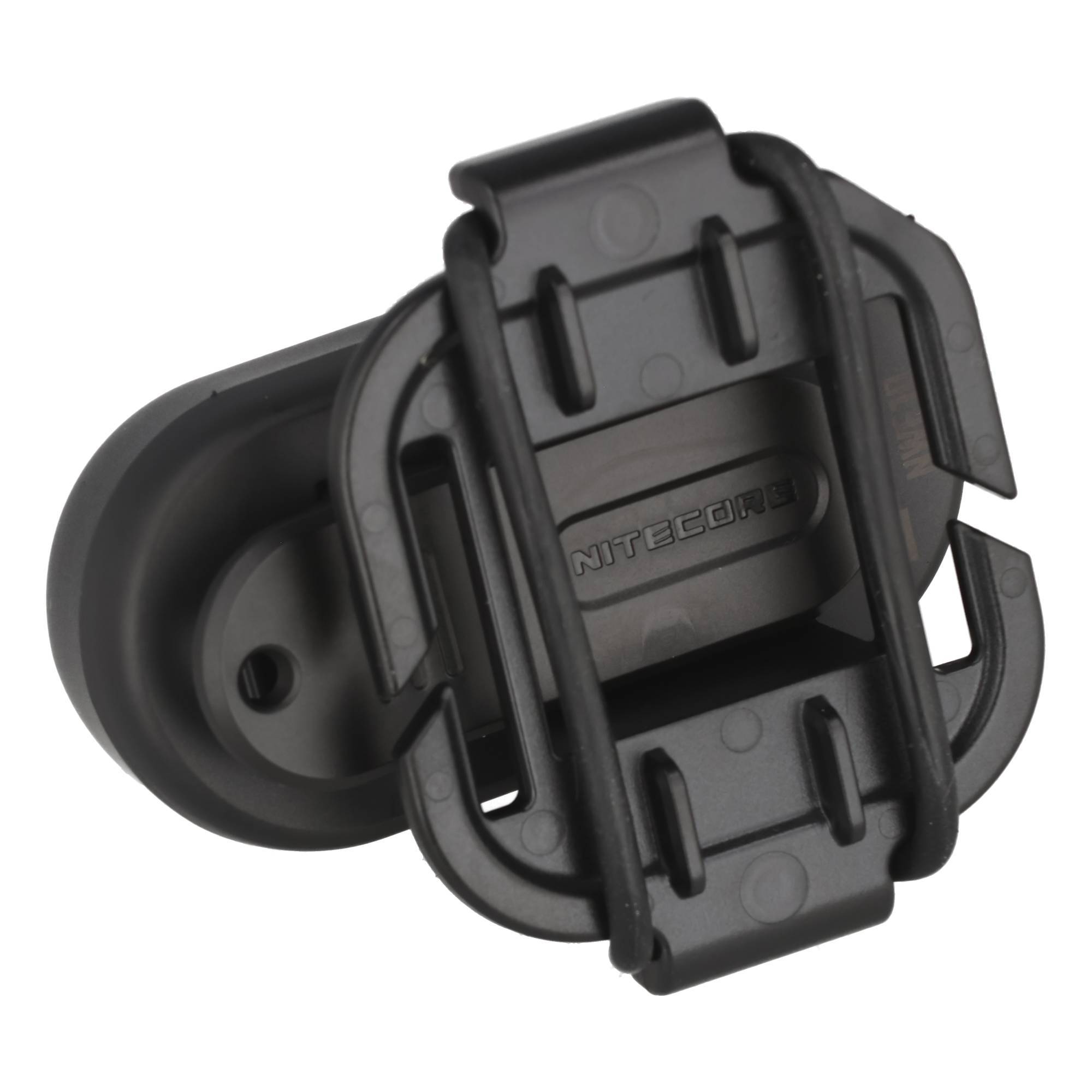 Schwarze Nitecore-Gürtelclip oder -Halterung mit verstellbarem Halter und rundem Sockel auf weißem Hintergrund.