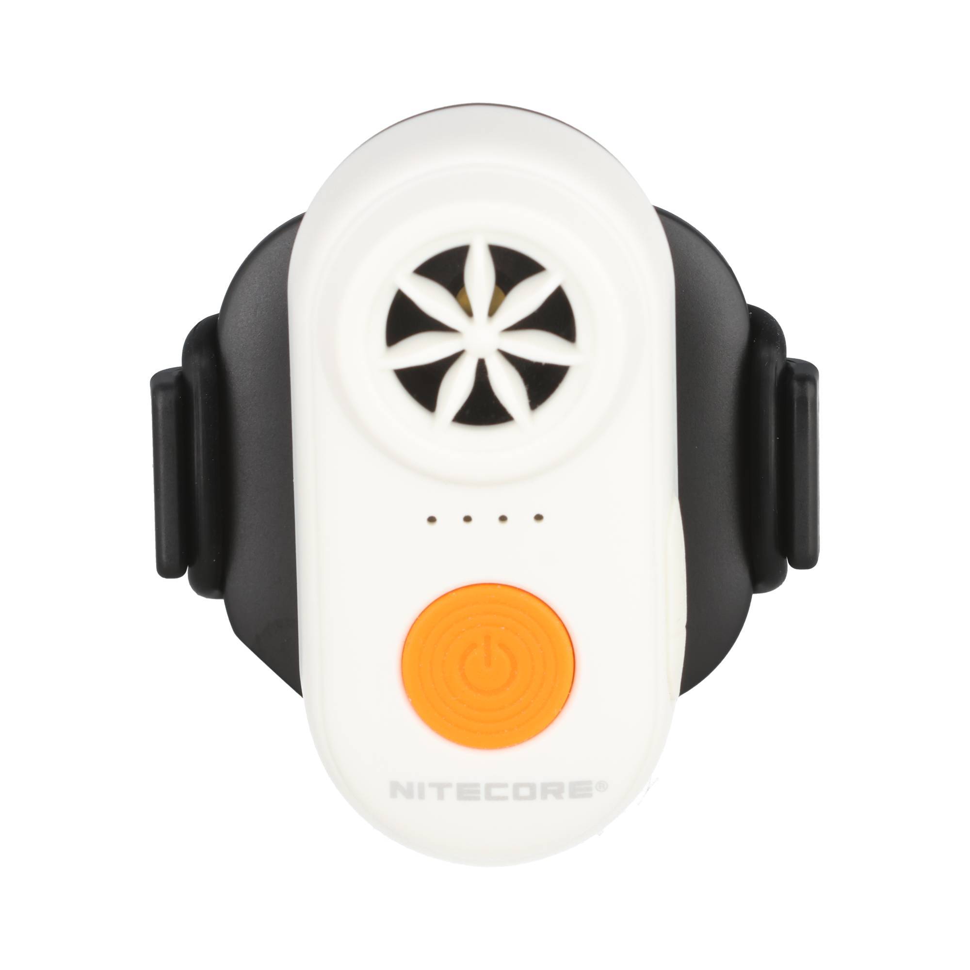 Weißer Nitecore-Clip-Ventilator mit schwarzen Seitengriffen, kleiner Lüftungsöffnung, vier Anzeigelichtern und orangefarbenem Ein-/Ausschalter auf weißem Hintergrund.