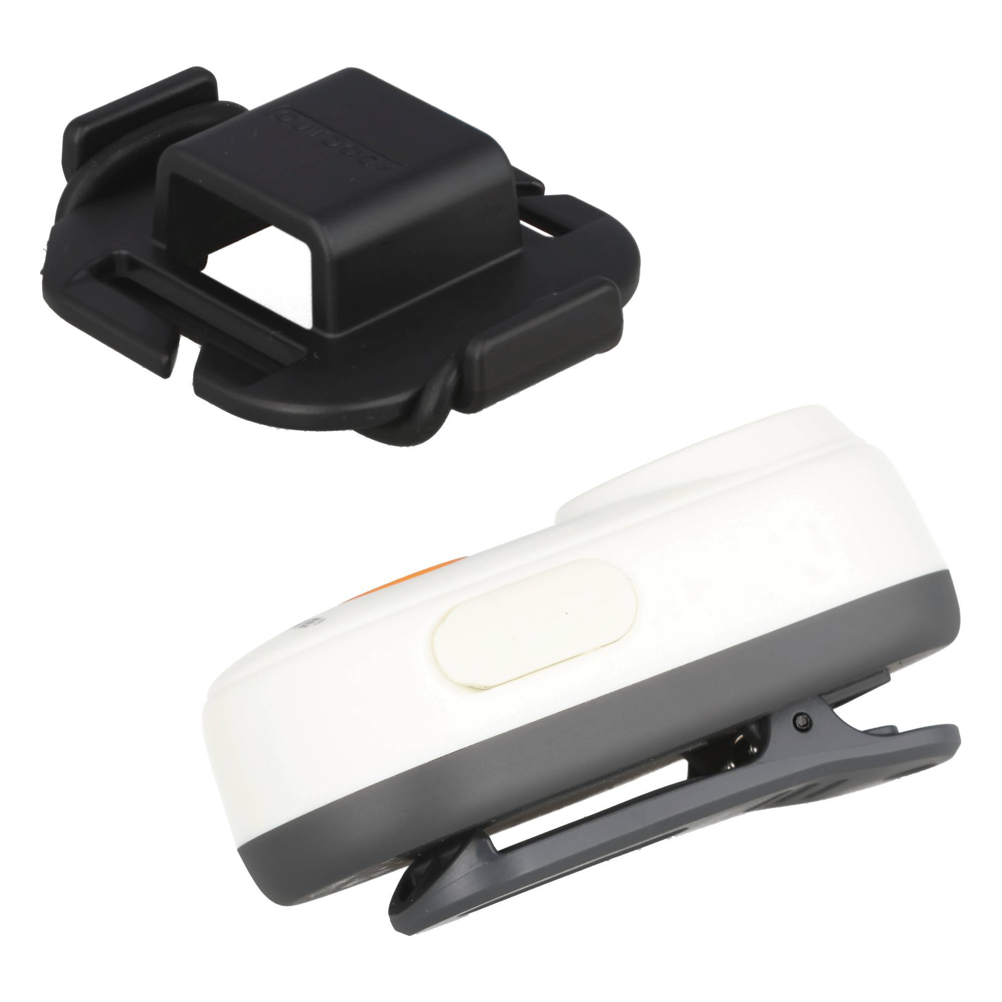 Zwei Clip-on-Gerätemonterungen, eine schwarze und eine weiße mit grauer Basis, auf einfachem Hintergrund dargestellt.